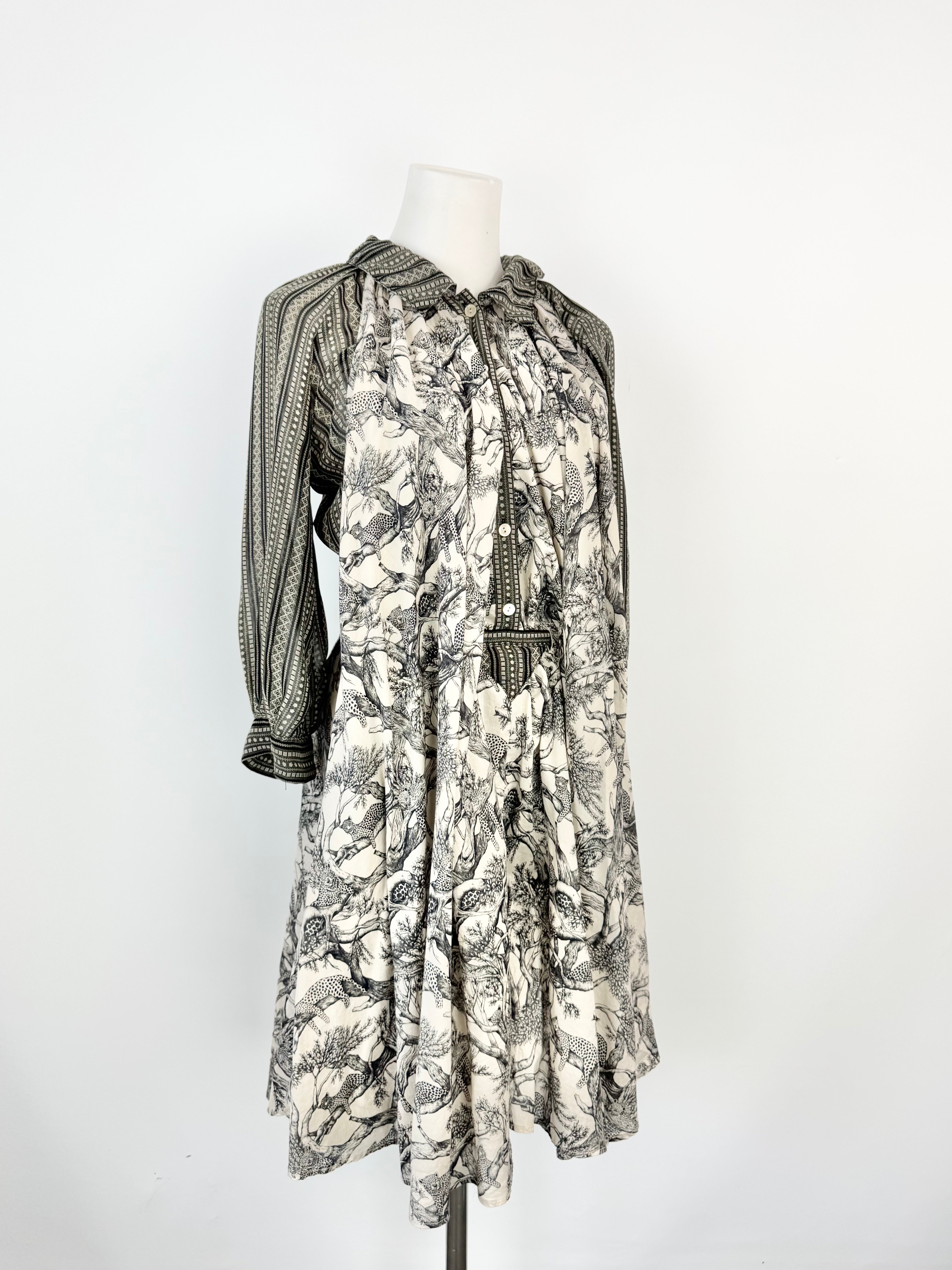 Archival Issey Miyake x Frapbois Black and Cream Leopard Printed Long Sleeve Flowy Swing Dress - AU8/10