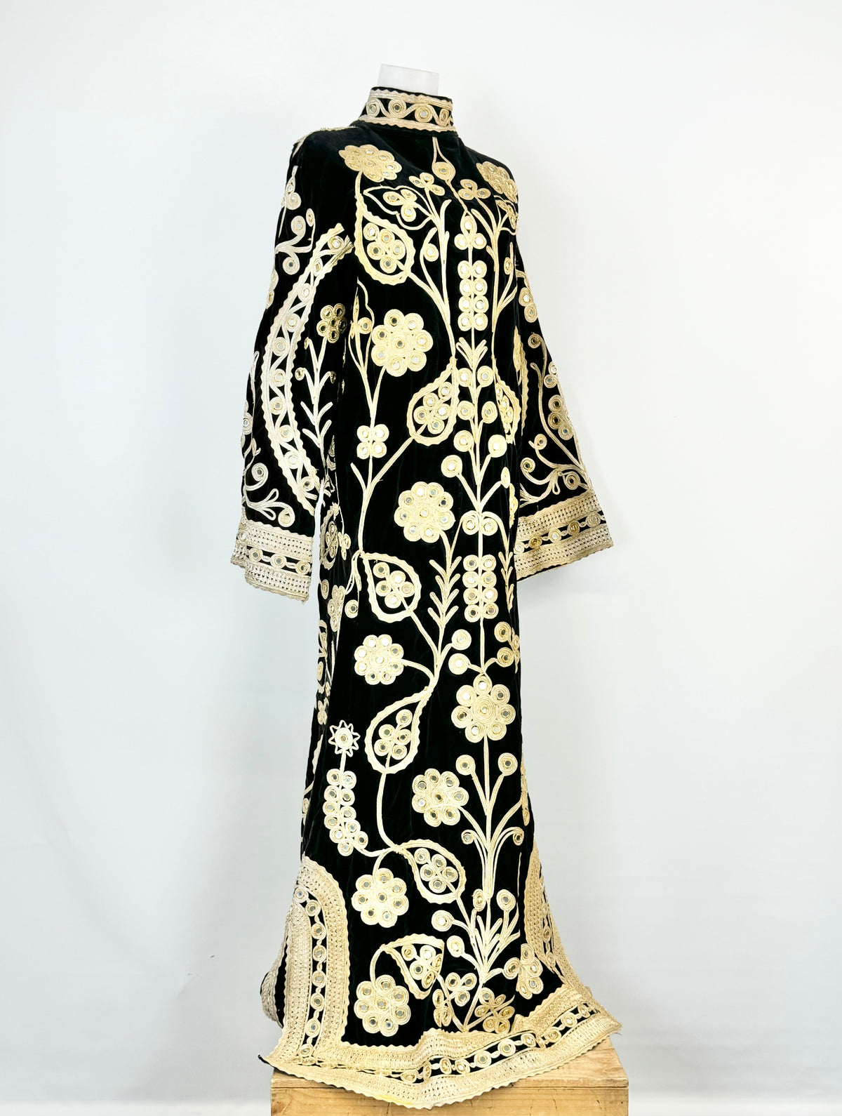 Vintage 70s Black Velvet & Gold Mirror Embellished Maxi Dress - AU10