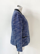 Ann Taylor Petite Blue & White Leather Trim Jacket - AU8
