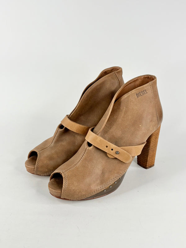 Diesel Tan Leather Peep-Toe Ankle Boots - EU41
