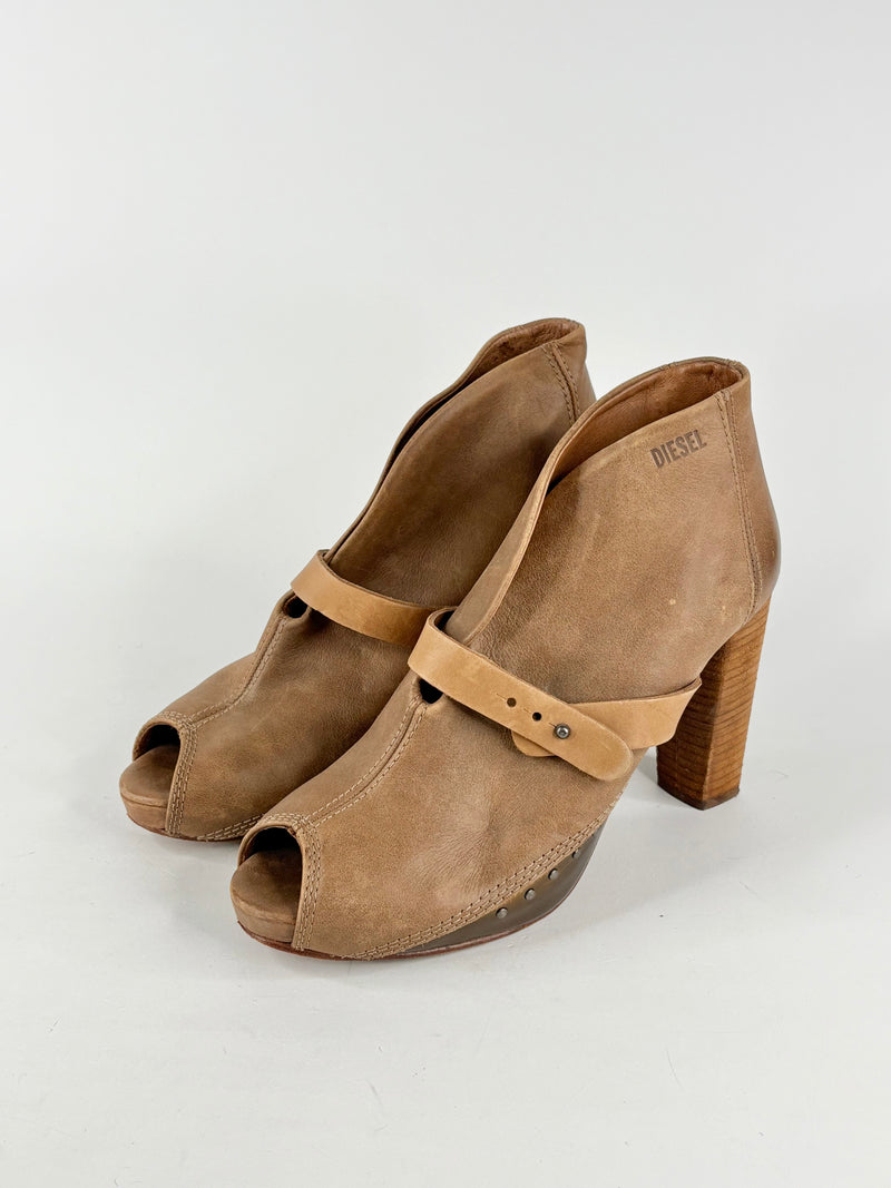 Diesel Tan Leather Peep-Toe Ankle Boots - EU41