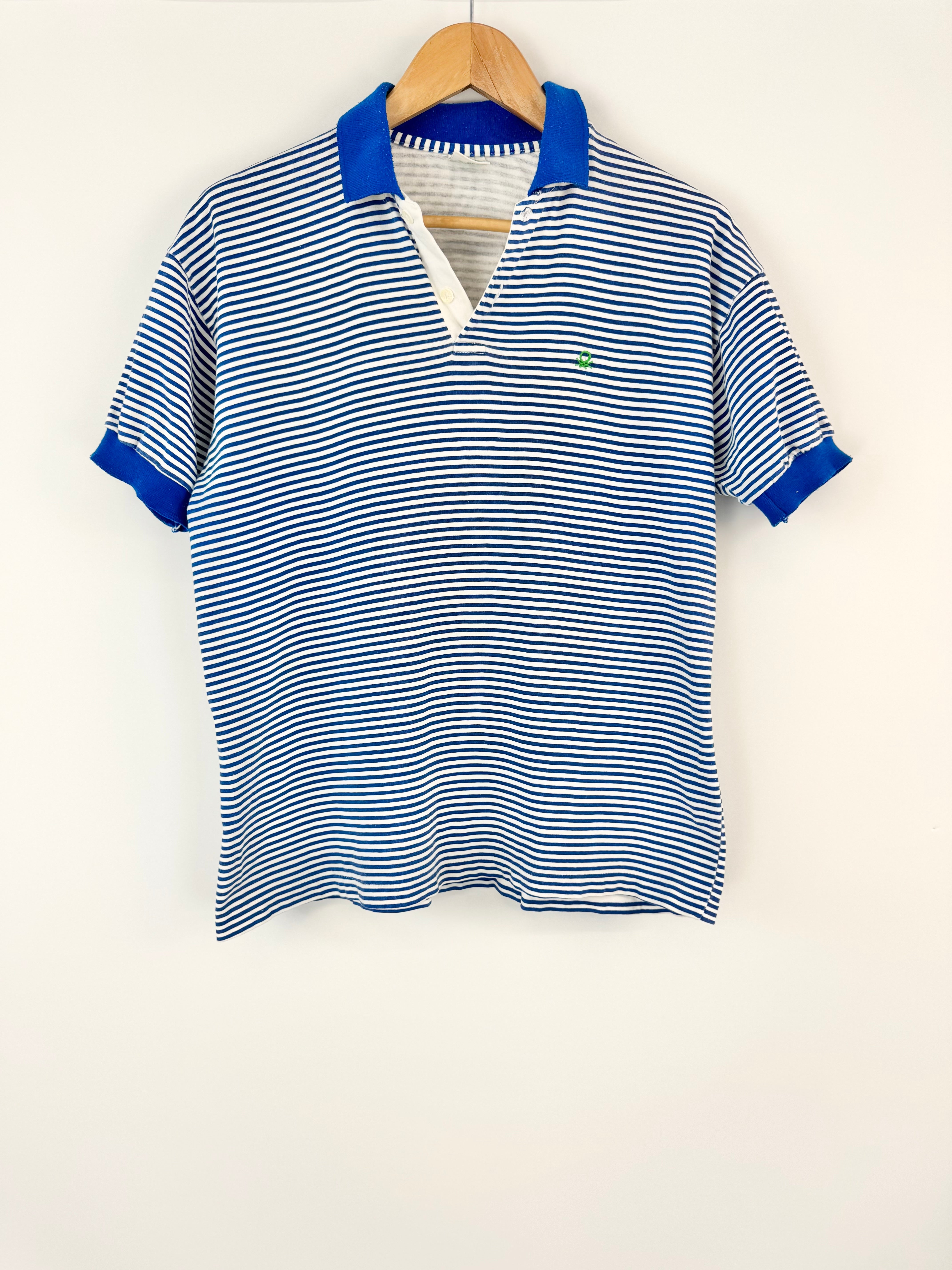 Vintage Benetton Blue Striped Polo T-Shirt - S/M