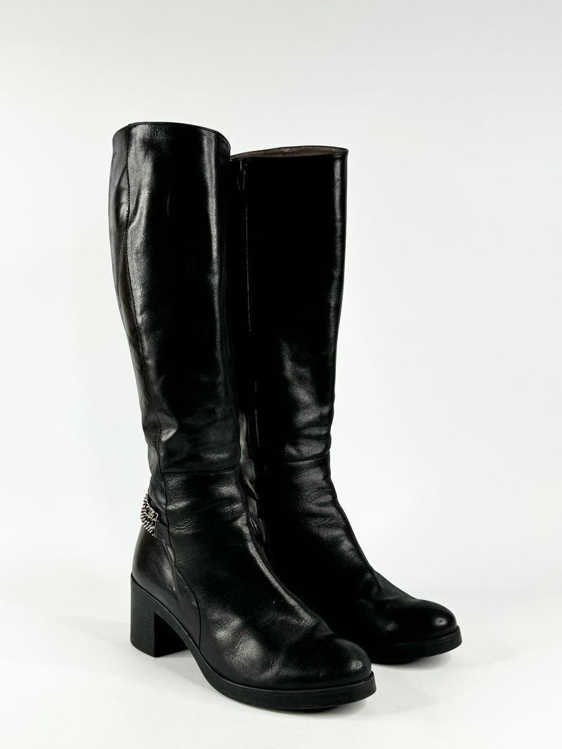 Wonders Black Chain Embellished Calf Boots - EU40