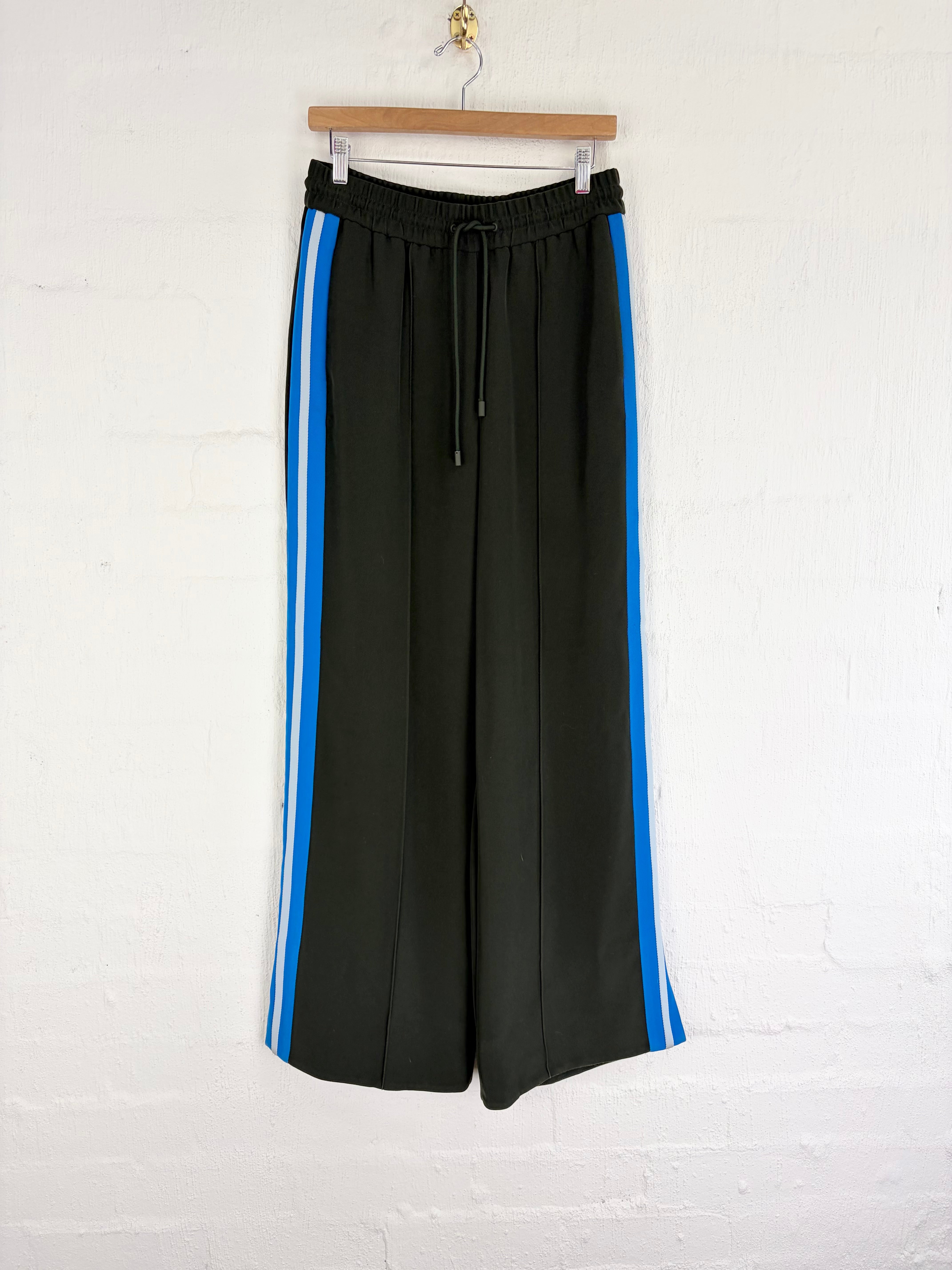 Me + Em Olive Green Blue Stripe Wide Leg Tracksuit Pants - AU10