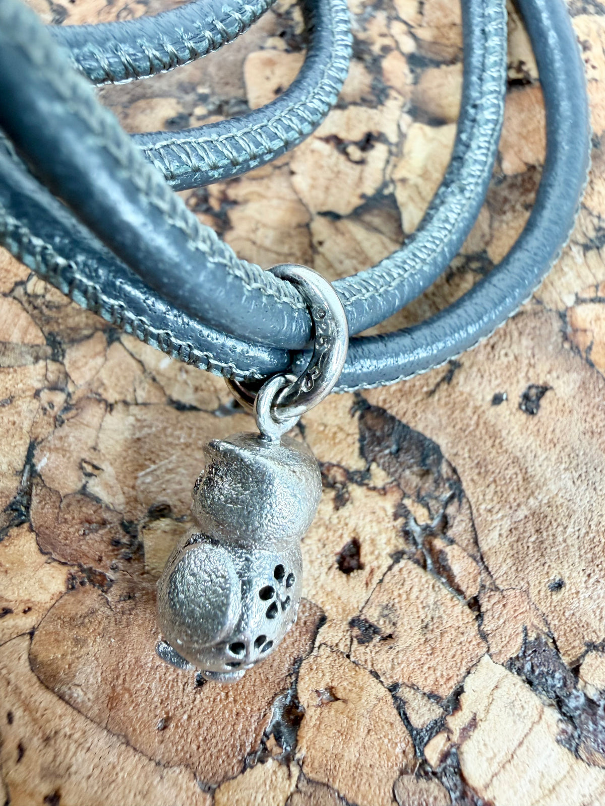 Blossom Copenhagen Small Silver Owl Pendant on Grey Leather