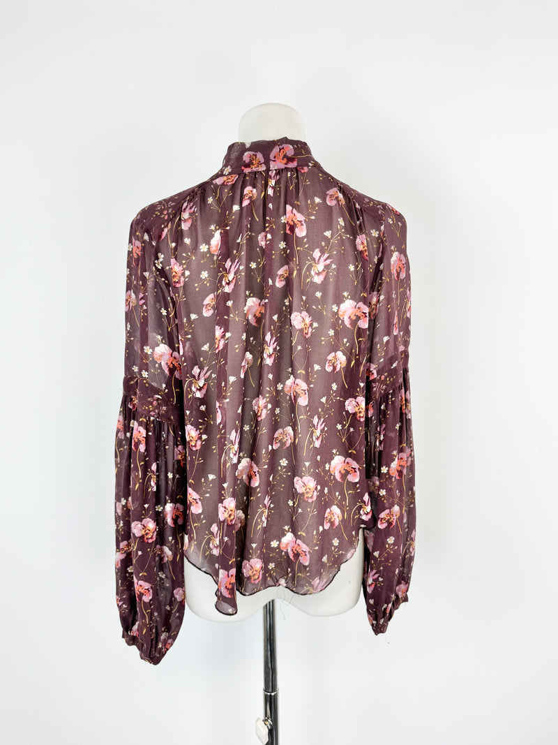 Ulla Johnson Sheer Magenta Pansy Patterned Bishop Sleeve Blouse - AU8