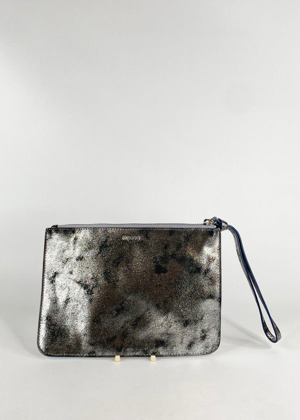 Mimco Burnished Silver Leather & Glitter Pouch