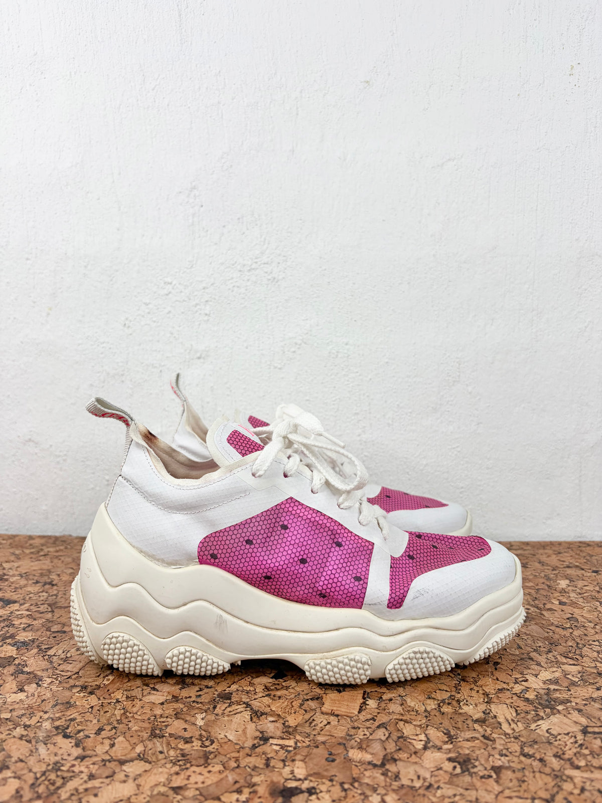Red Valentino Pink & White Polka Dot Motif See-Through Lace Up Sneakers - EU36