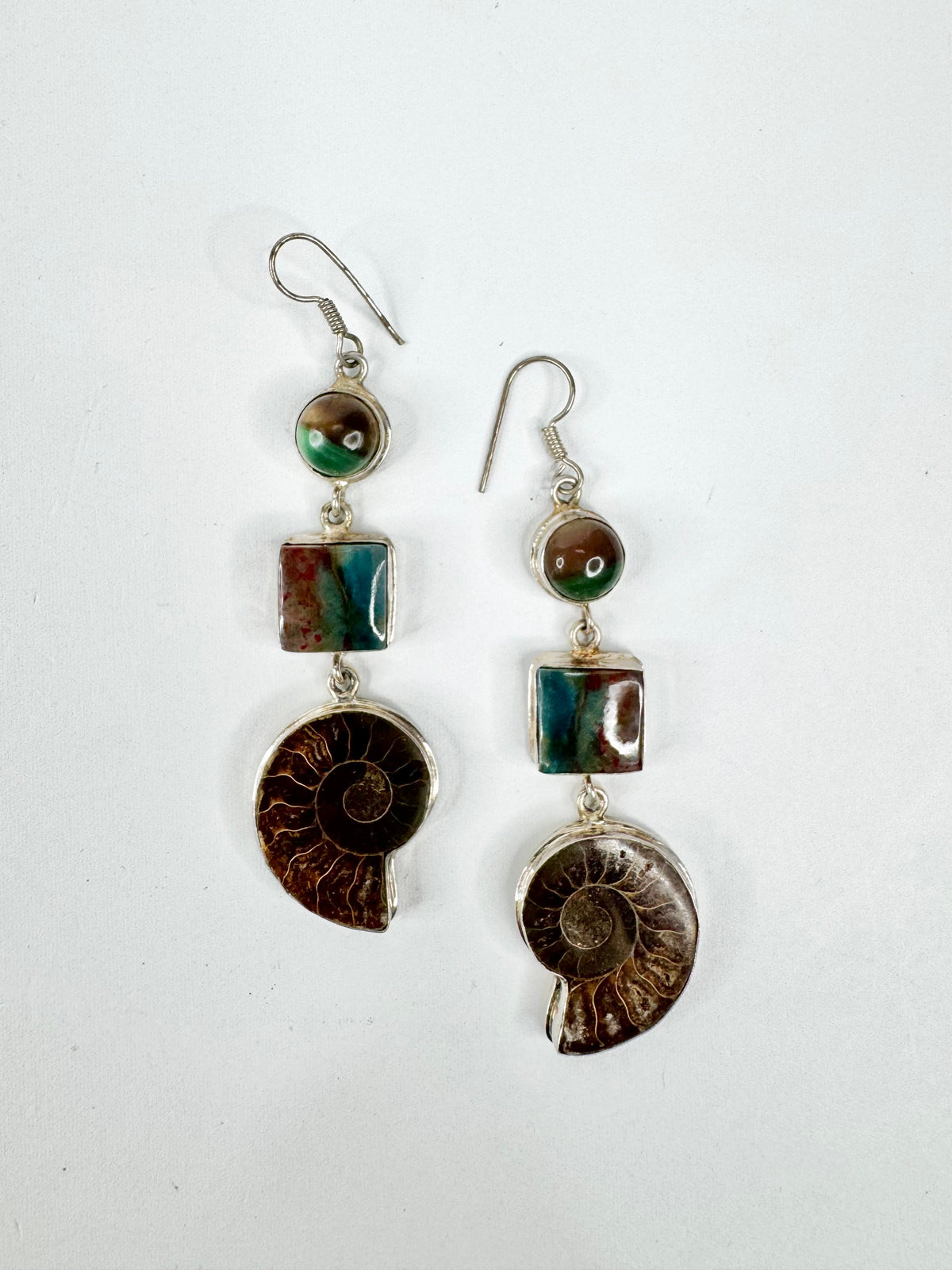 Silver, Shell and Semi-Precious Gemstone Drop Earrings