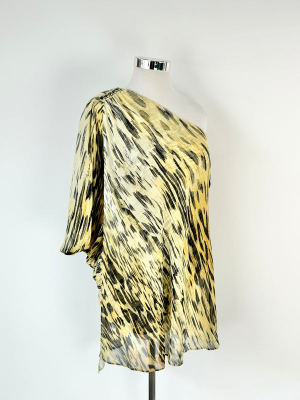 Roberto Cavalli Tiger Pattern Silk Off Shoulder Dress  - AU10/12