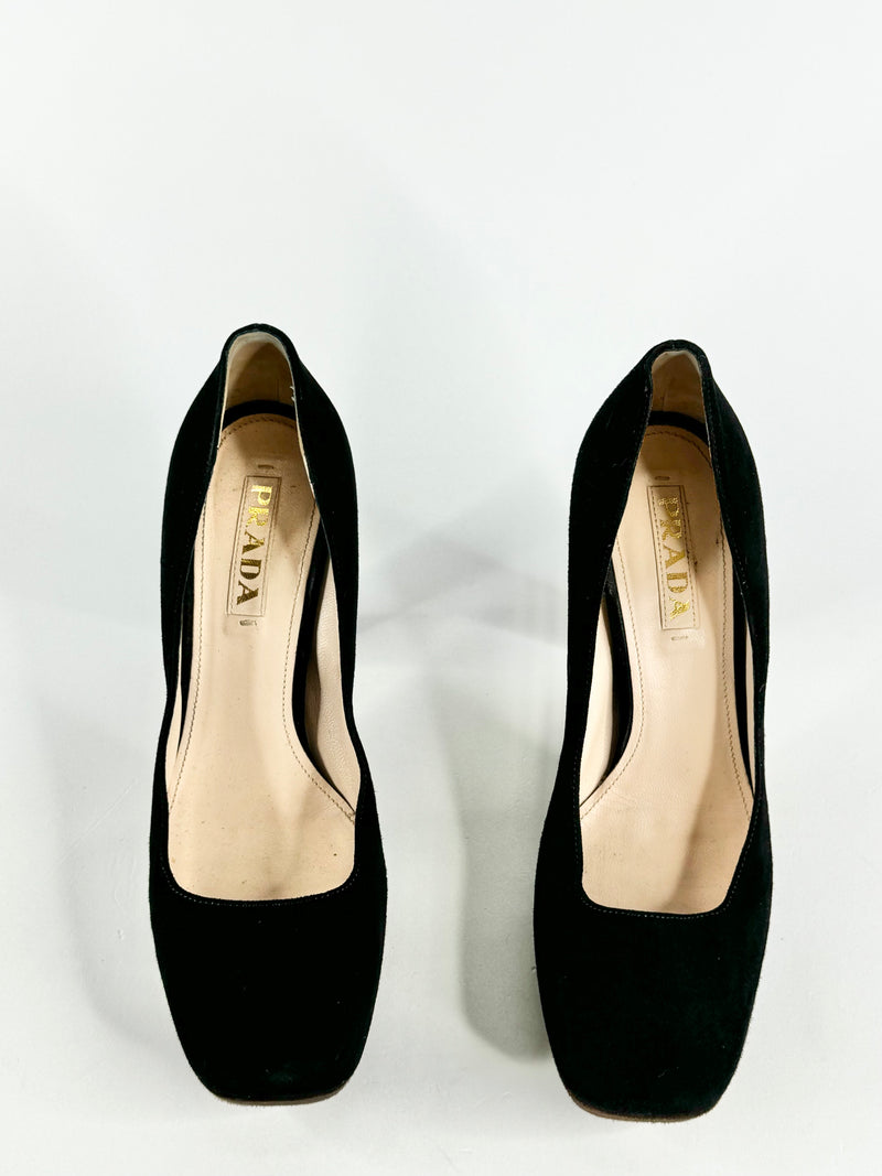 Prada Black Suede Square Toe Pumps - EU38.5