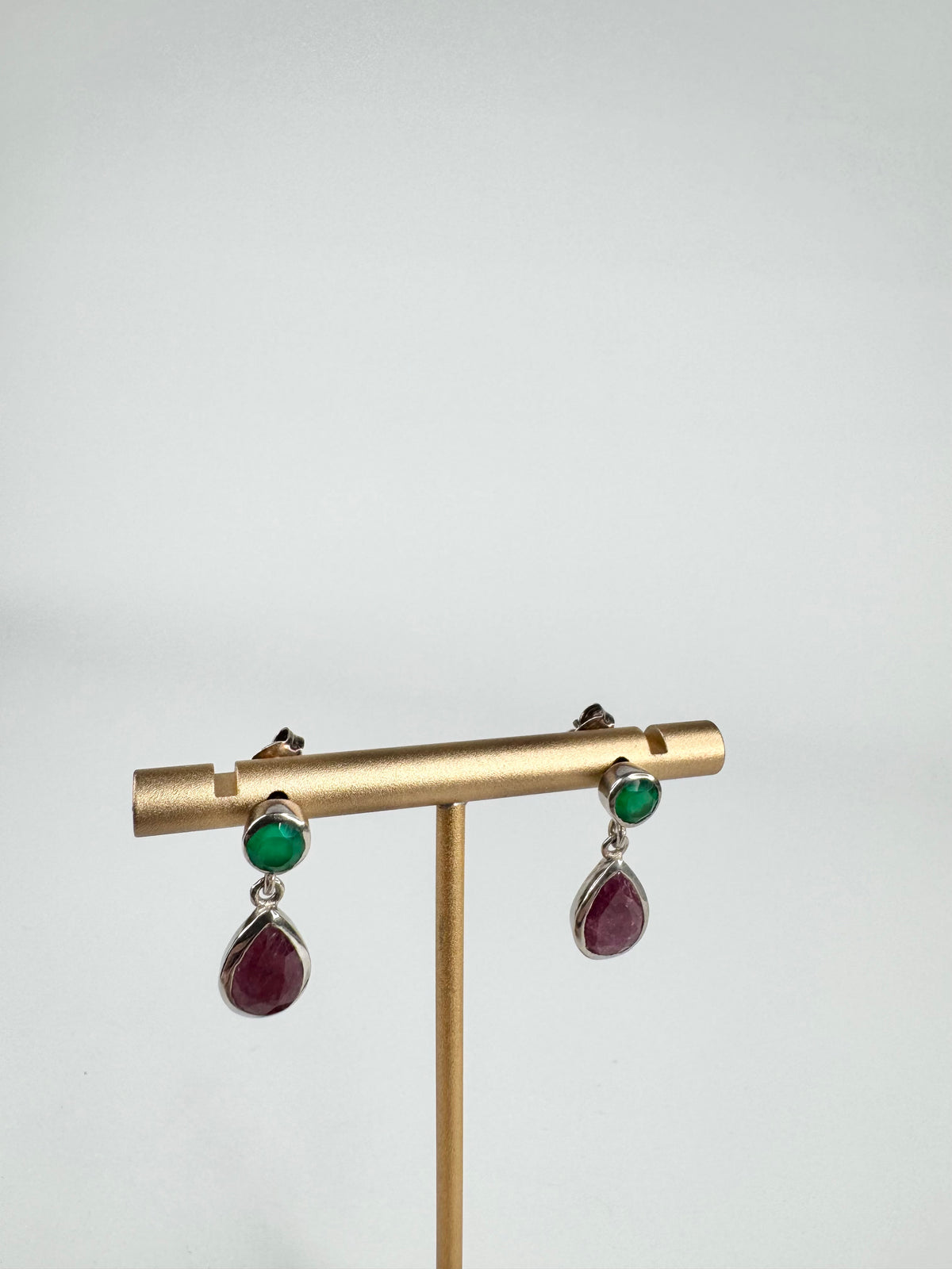 Silver Green & Burgundy Drop Earrings