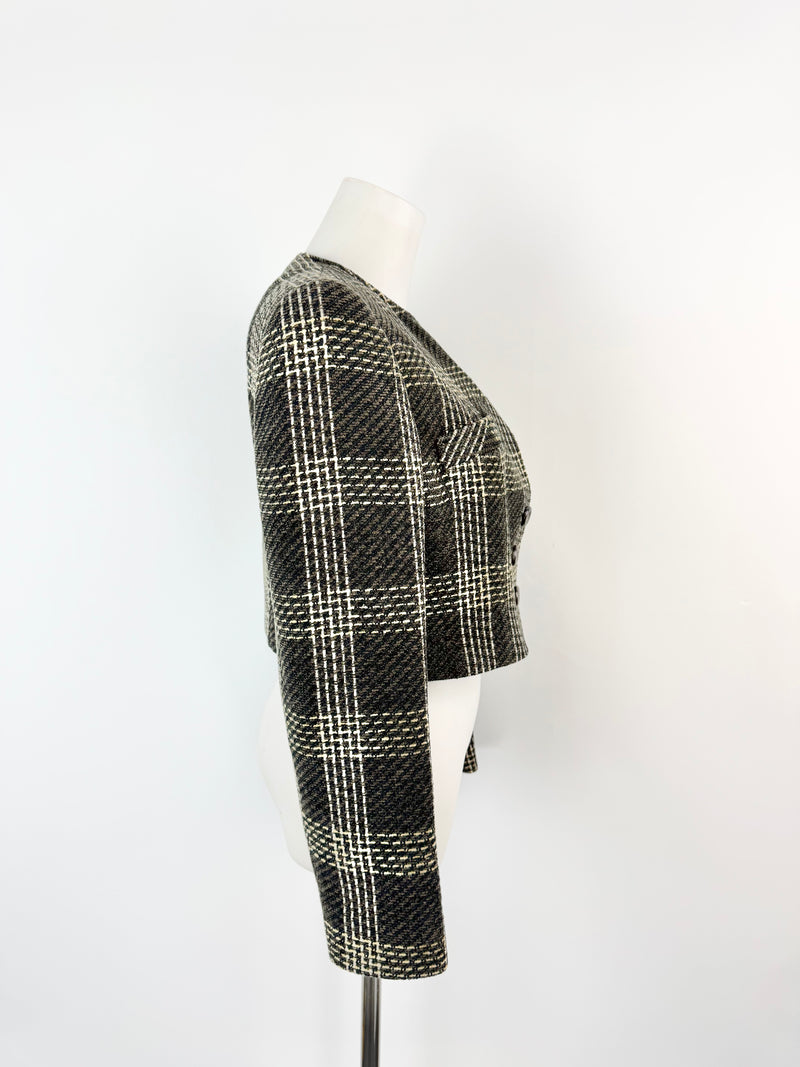 Valentino Miss V Brown & Cream Glen Plaid Cropped Blazer - AU10