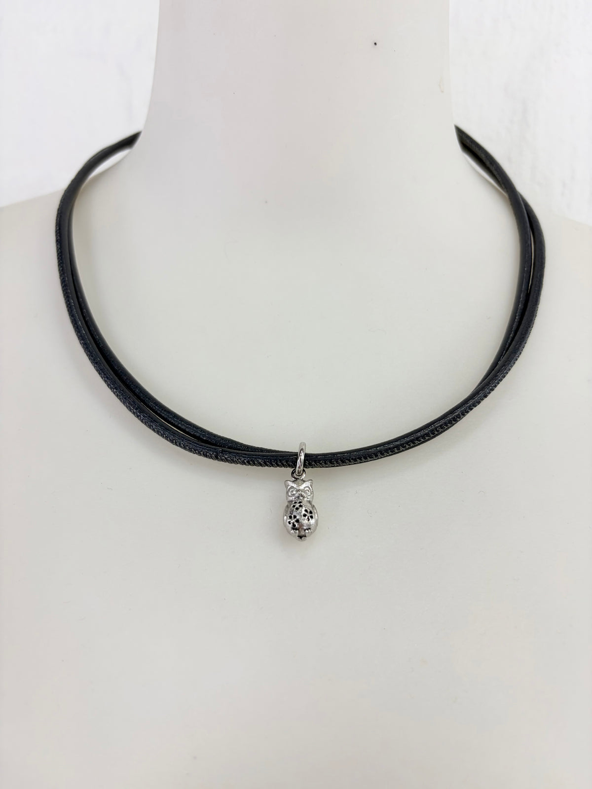 Blossom Copenhagen Small Silver Owl Pendant on Grey Leather