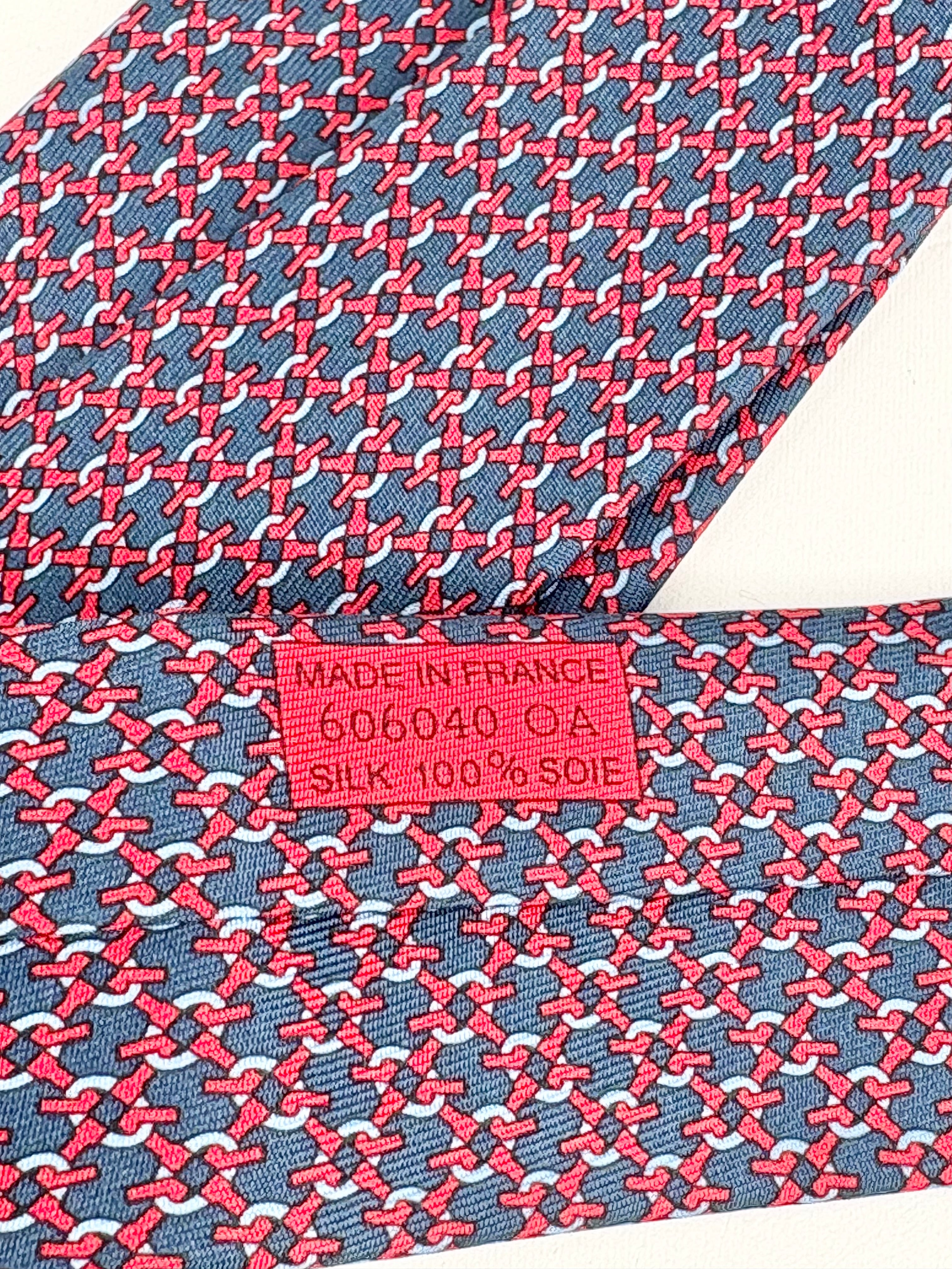 Hermès Blue & Red Patterned Twill Silk Tie