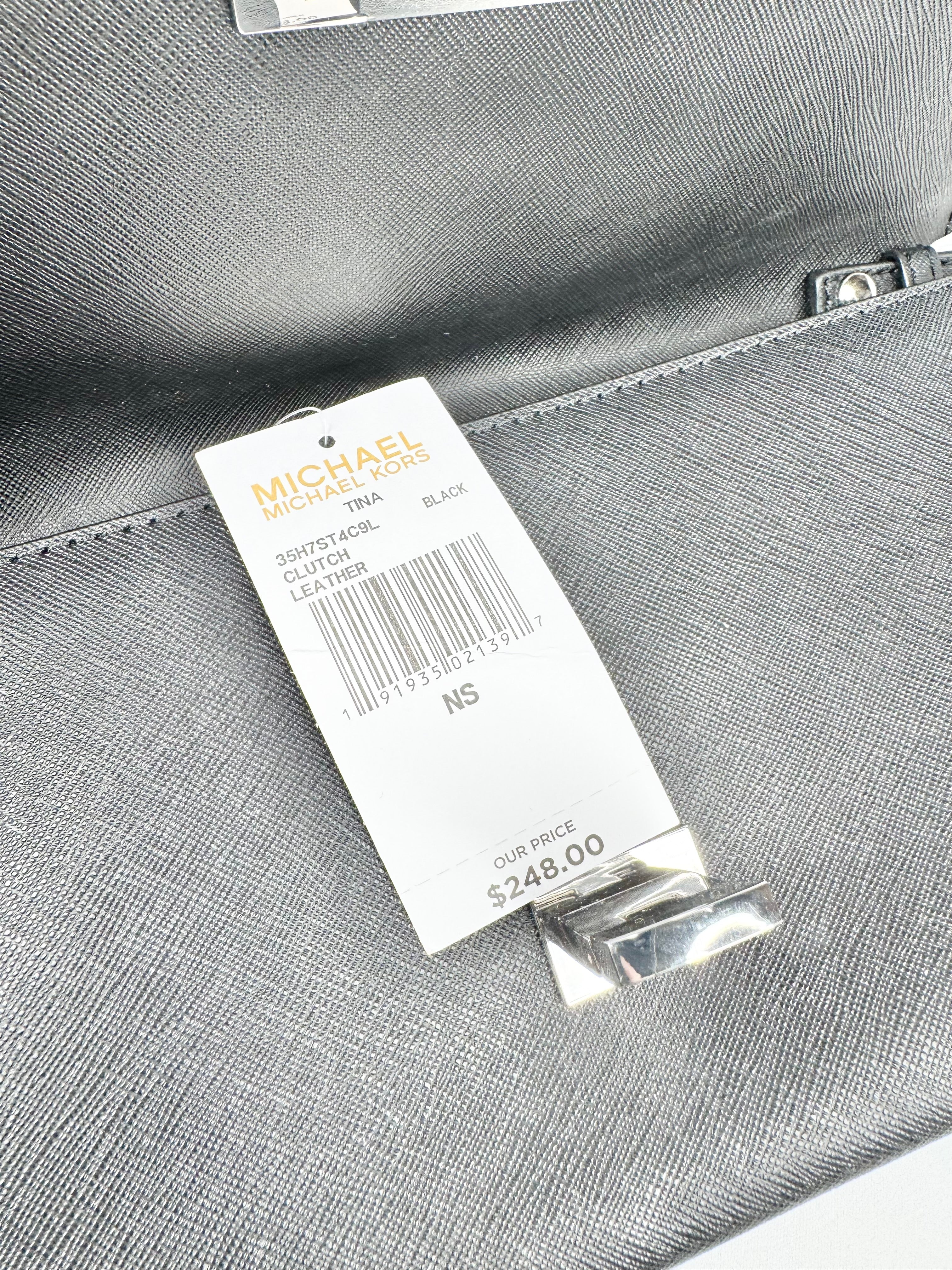 Michael Kors Black Leather 'Tina' Silver Studded Clutch NWT