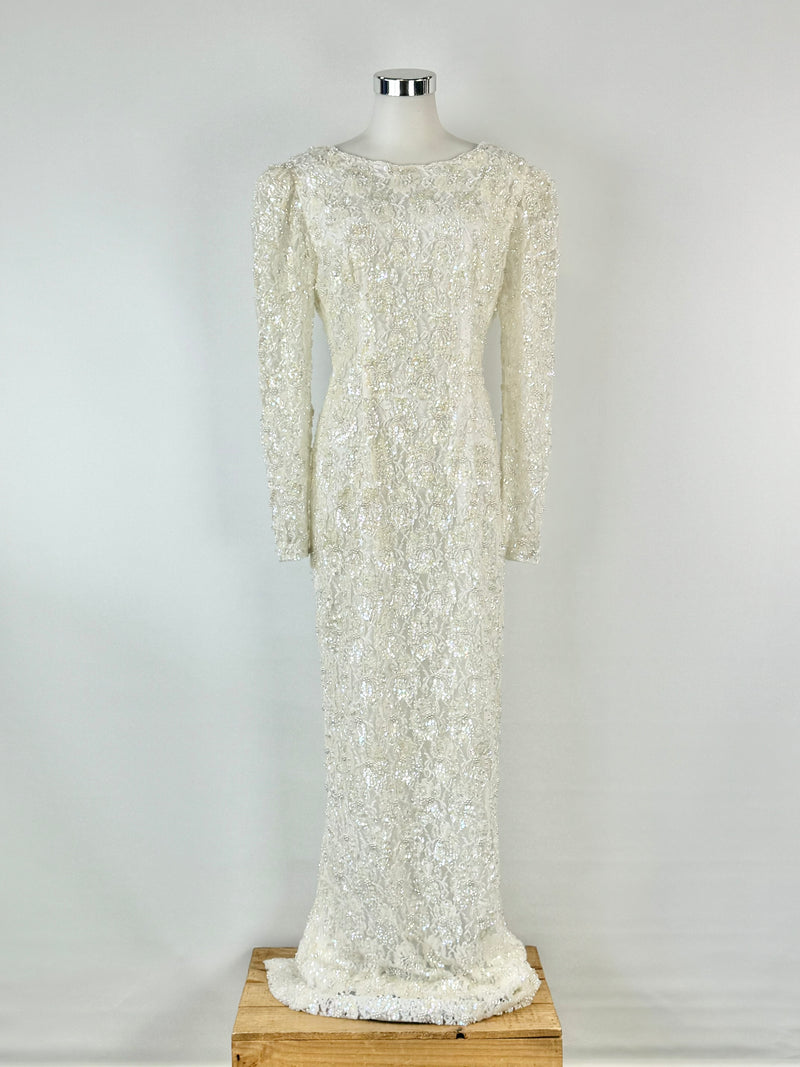 Vintage Ronny's Fashion White Sequin Embroidered Gown - AU8