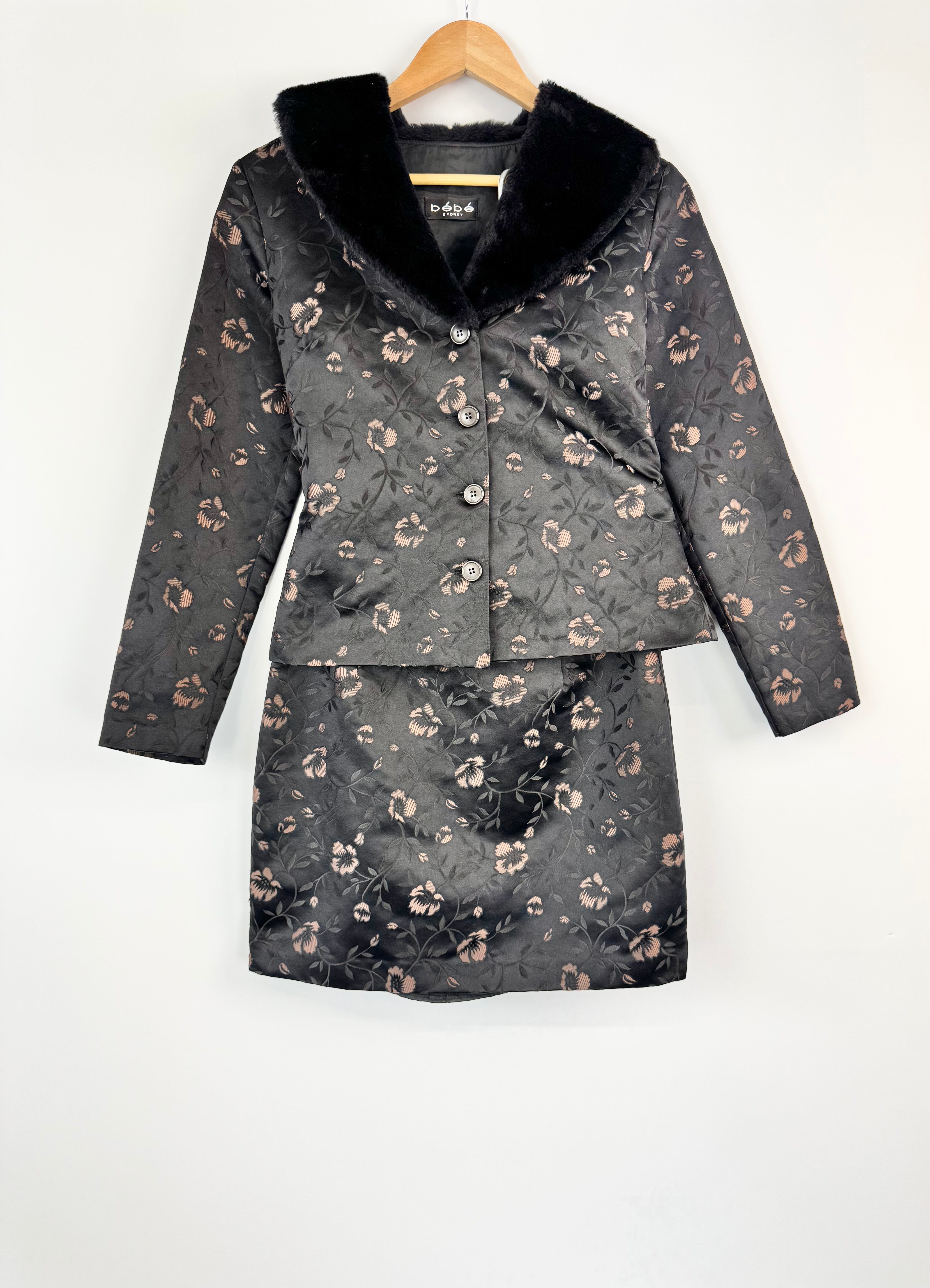 MFW Vintage 90s Bebe Black & Dusty Rose Satin Floral 2 Pce - AU8/10