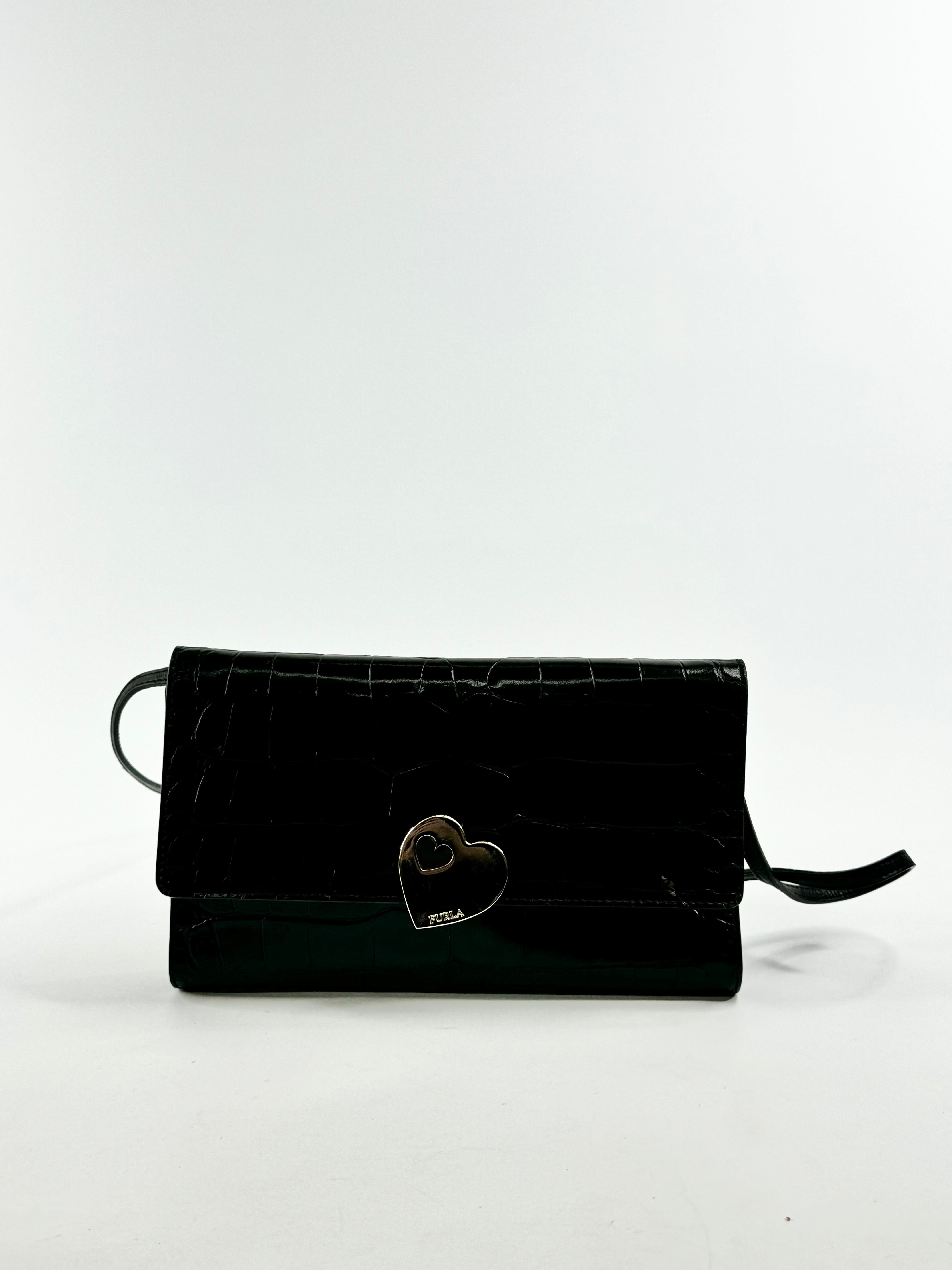 Furla Black Croc Textured Cross Body Bag