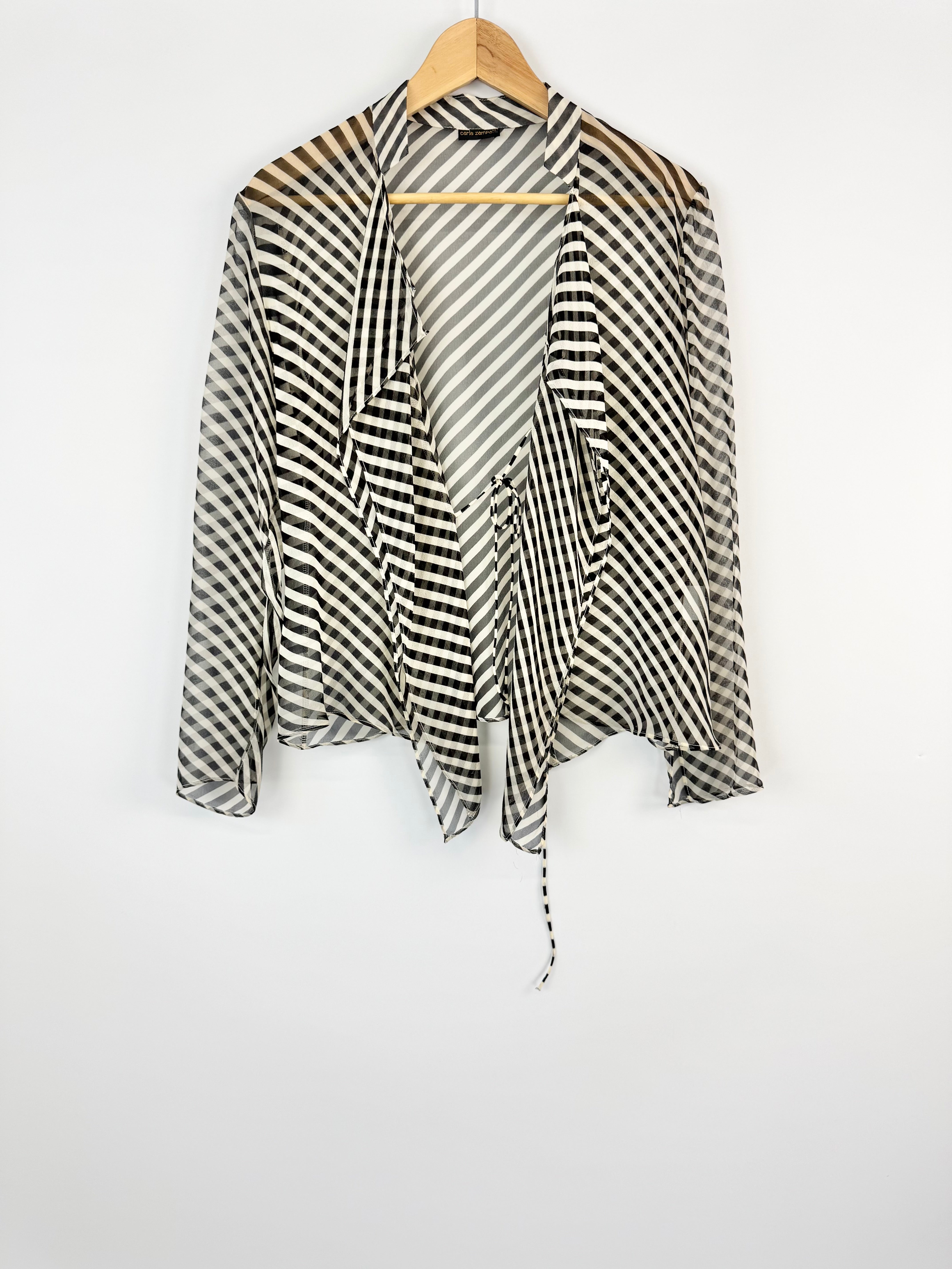 Carla Zampatti Black and Cream Sheer Stripe Silk Blouse - AU8