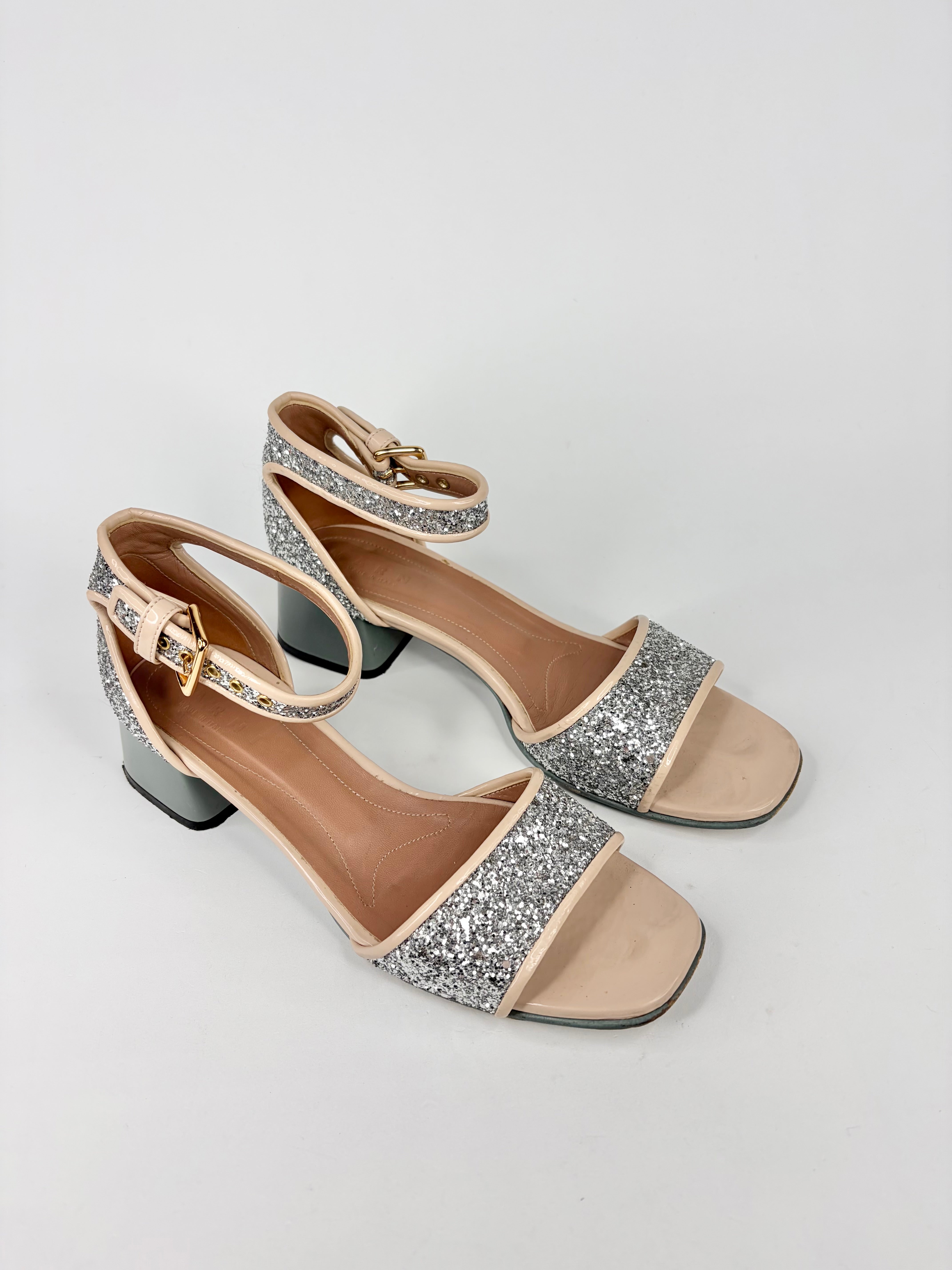 Marni Silver Glitter Open Toe Heels - EU39