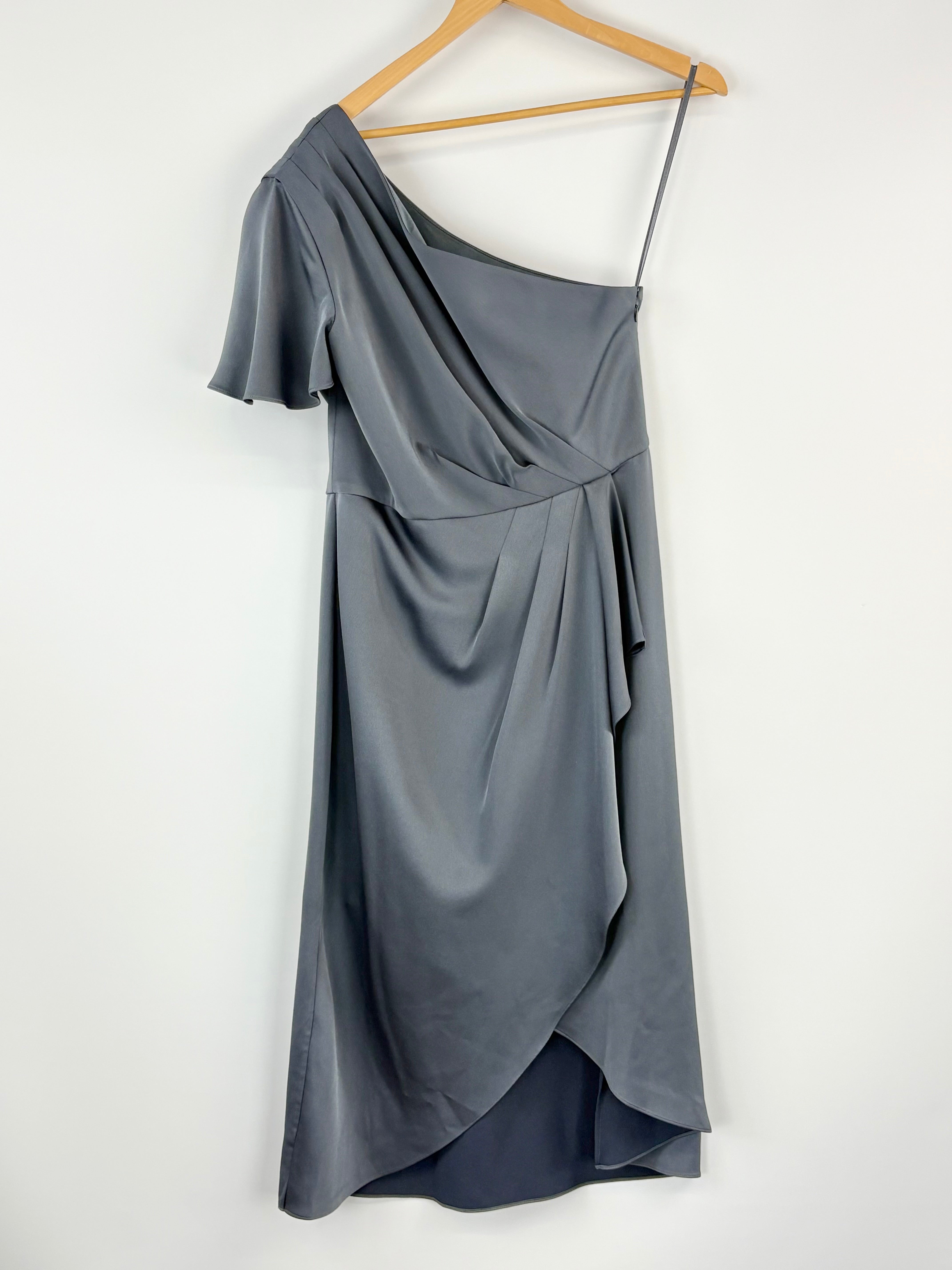 Ted Baker Dark Satin Slate Off-Shoulder Ruched Gown - AU8