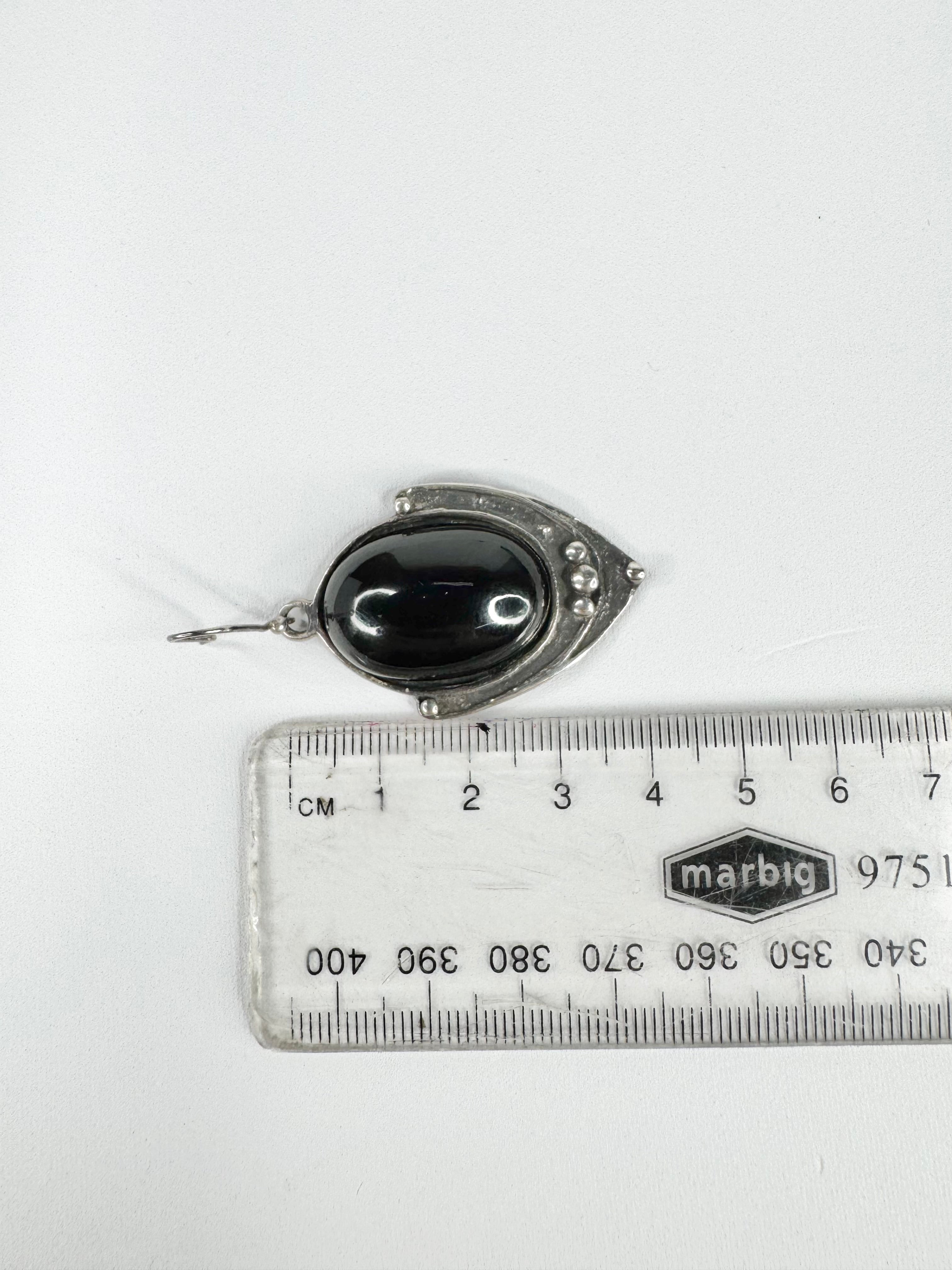 Silver Modernist Black Cabochon Drop Earrings