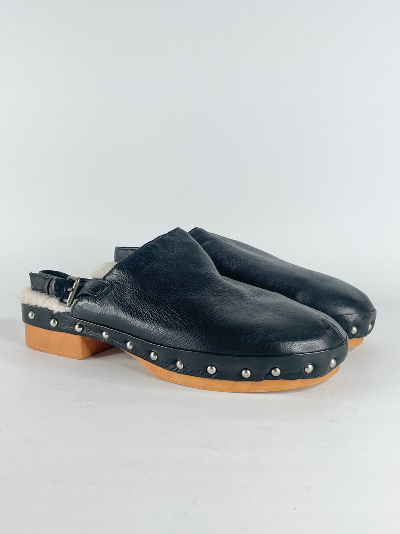 Mollini Black Leather & Faux Shearling Mules - EU42