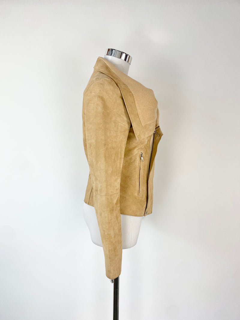 Ena Pelly Sandstone Suede Leather Biker Jacket - AU10