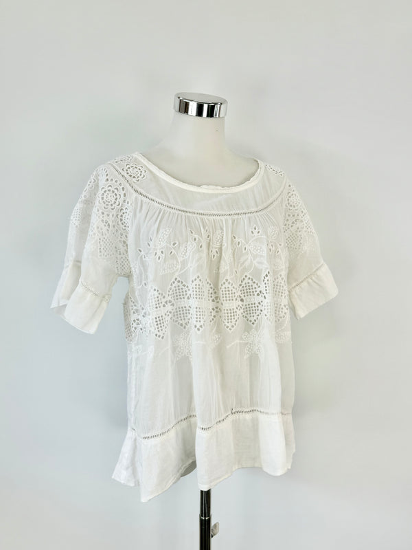 Hunky Dory White Semi Sheer Lace Peasant Top - AU8/10