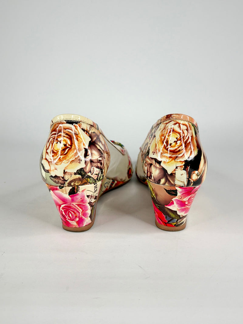 Django & Juliette Brunella Print Leather Peep-Toe Wedges - EU41