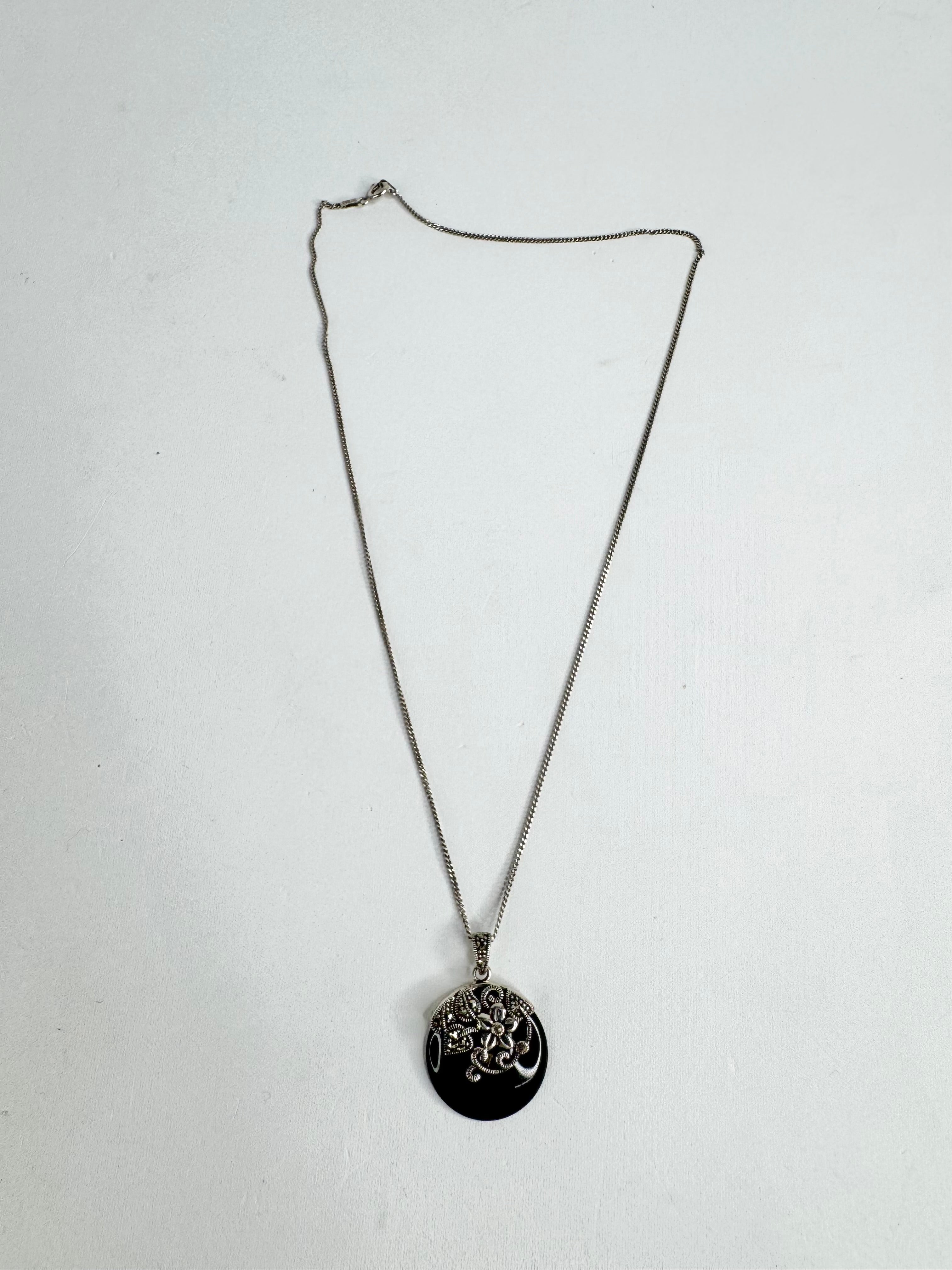 Vintage Silver Marcasite & Black Gem Floral Pendant & Chain