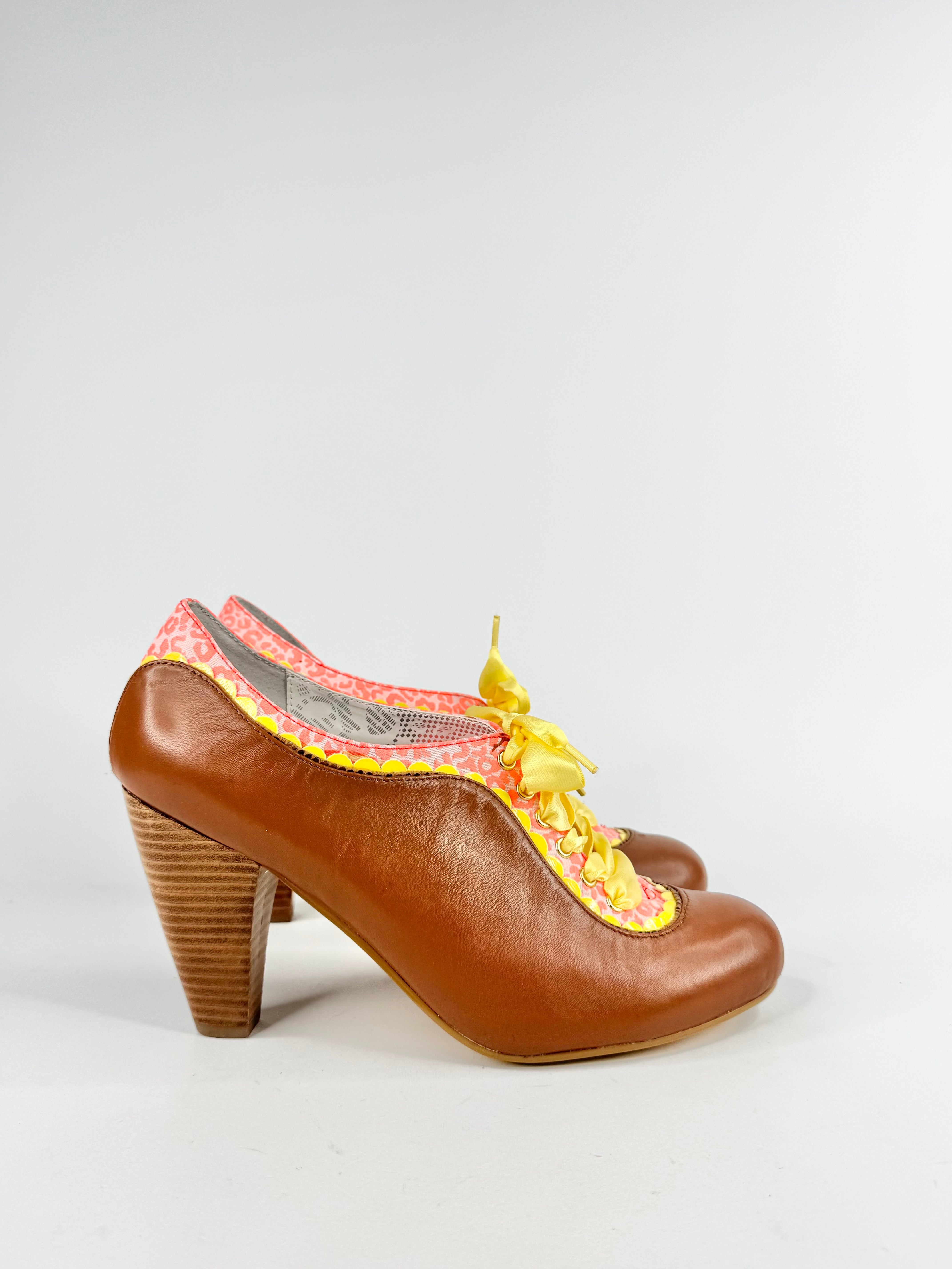 Poetic Licence Tan, Yellow & Pink Ribbon Lace Heels - EU40.5