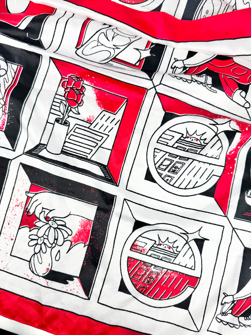 Red, Black & White Silk Panel Square Scarf