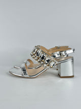 Gedebe Silver Bejeweled Leather Sandals - EU37