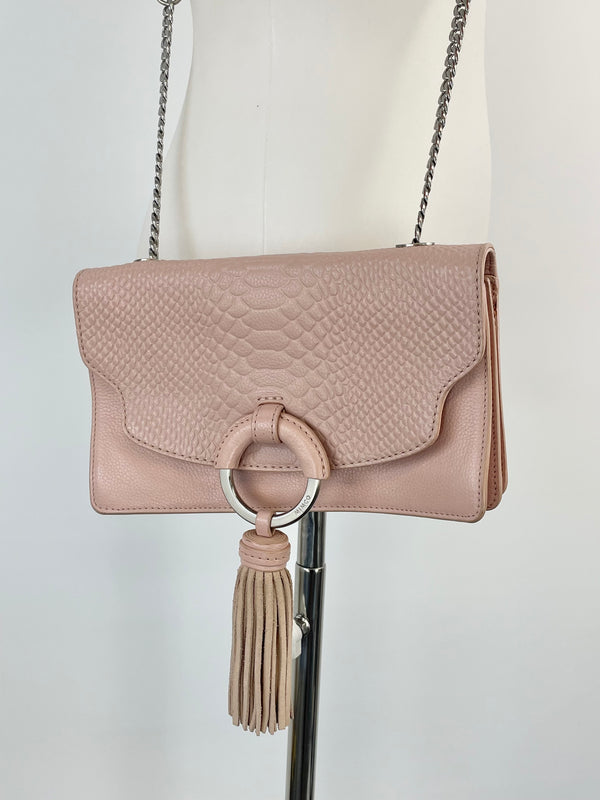 Mimco Pastel Pink Croc-Textured Leather Crossbody Bag