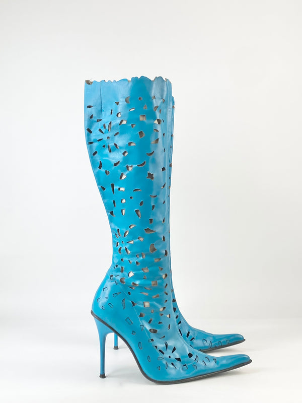 Teal Lazer Cut Stiletto Boots - EU39