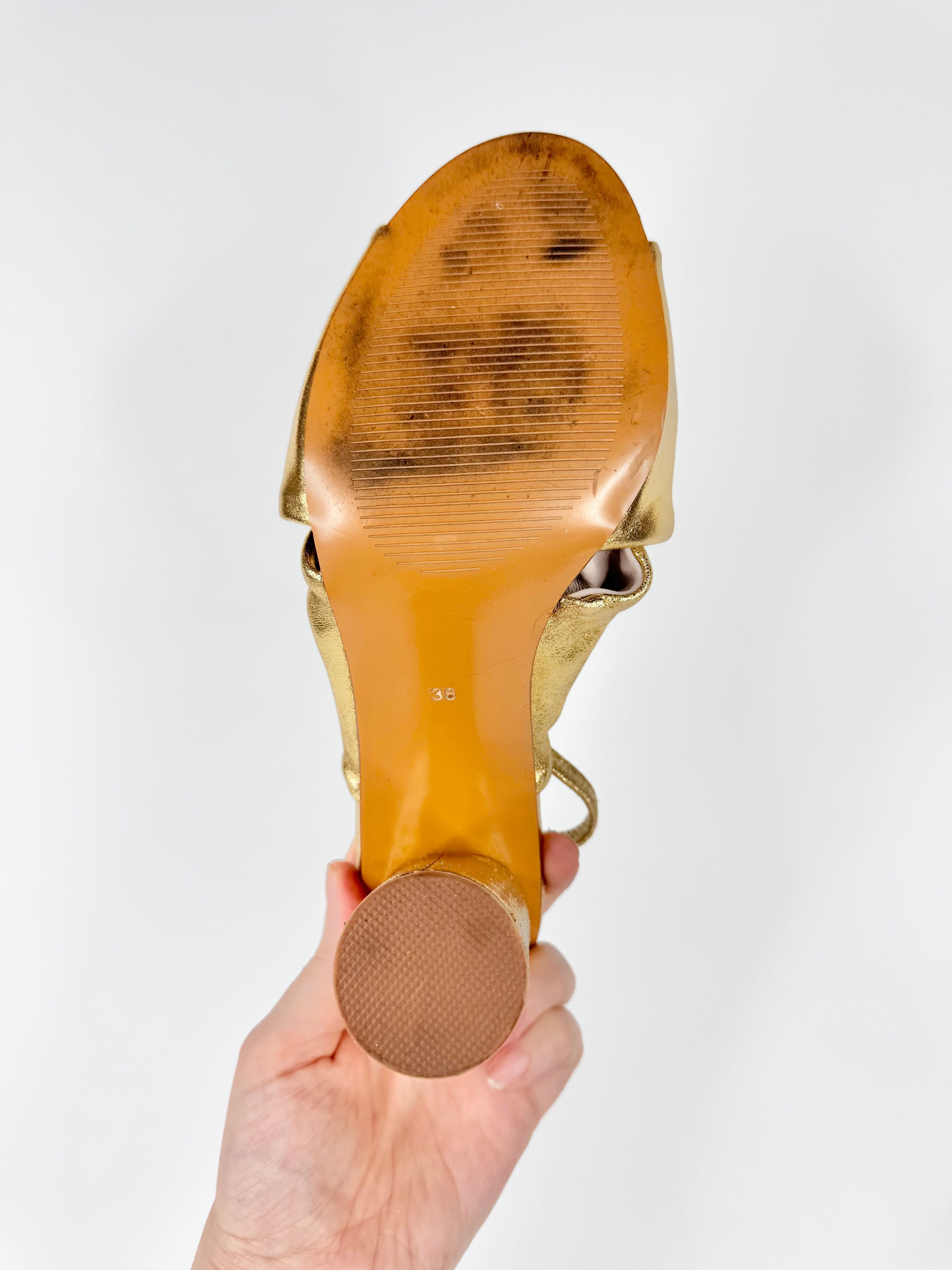 Gorman Metallic Gold Leather Knotted Bloc Heels - EU38