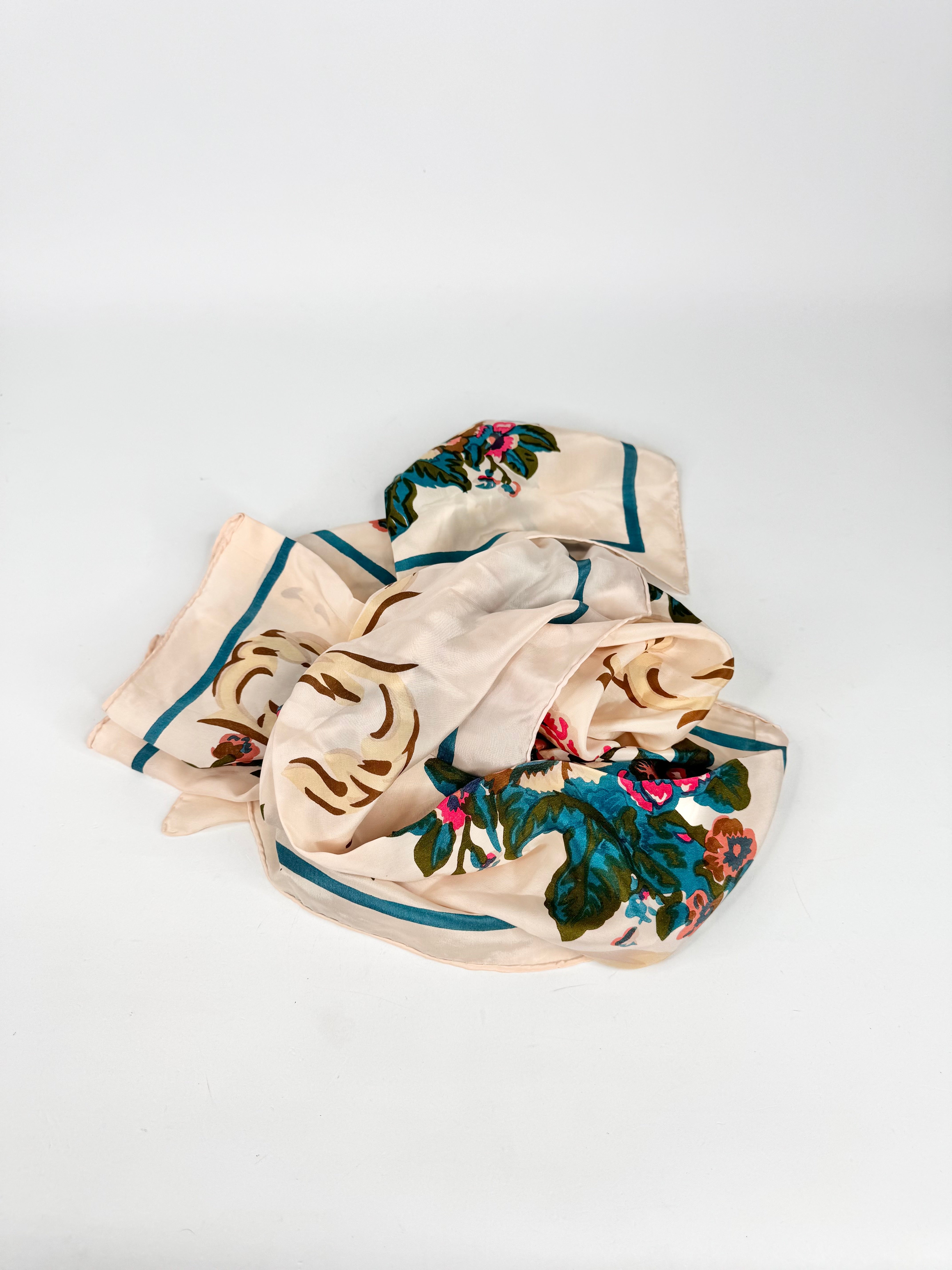 Beige Floral Large Square Silk Scarf