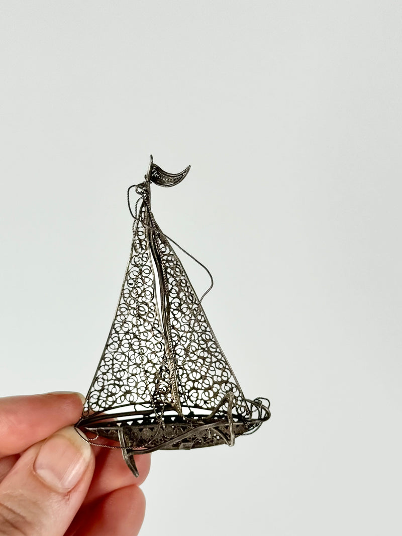 Vintage 900 Silver Handmade Filigree Ship Pendant