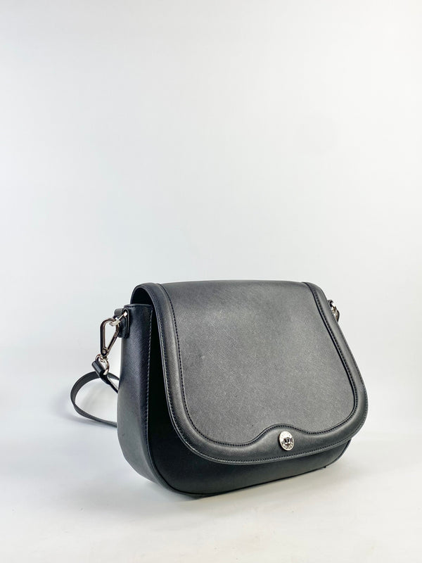 Oroton Black Etched Leather Saddle Bag