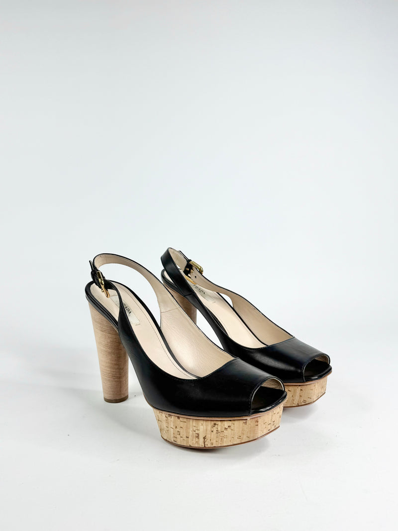 Prada Black Peep Top Platform Pumps - EU39.5