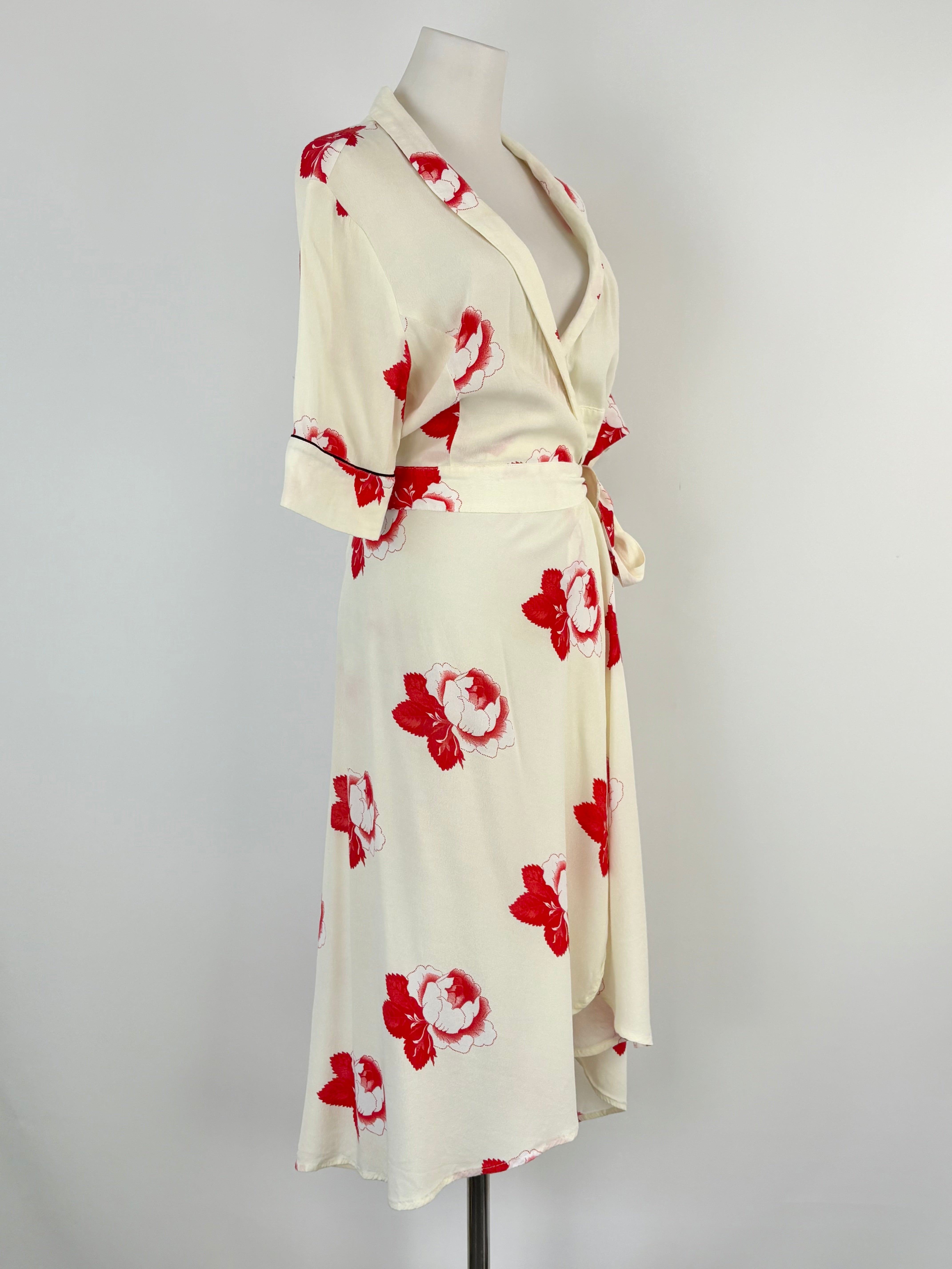 Ganni 'Harley' Crepe Cream & Red Floral Wrap Dress - AU8