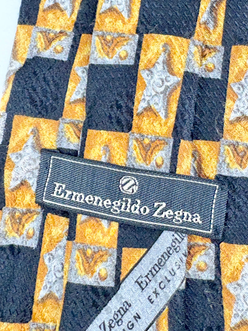 Ermenegildo Zegna Black & Gold Checkered Star Silk Tie