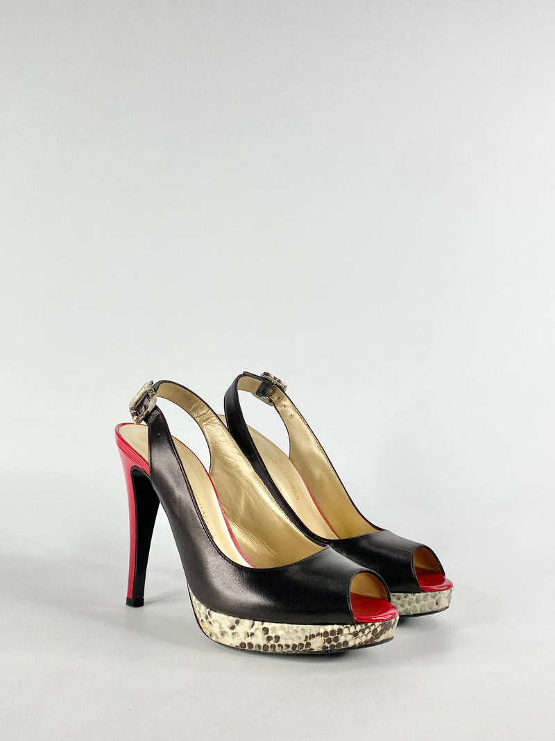 Filipo Raphael Black Red & Snakeprint Sling Back Stilettos - EU37.5