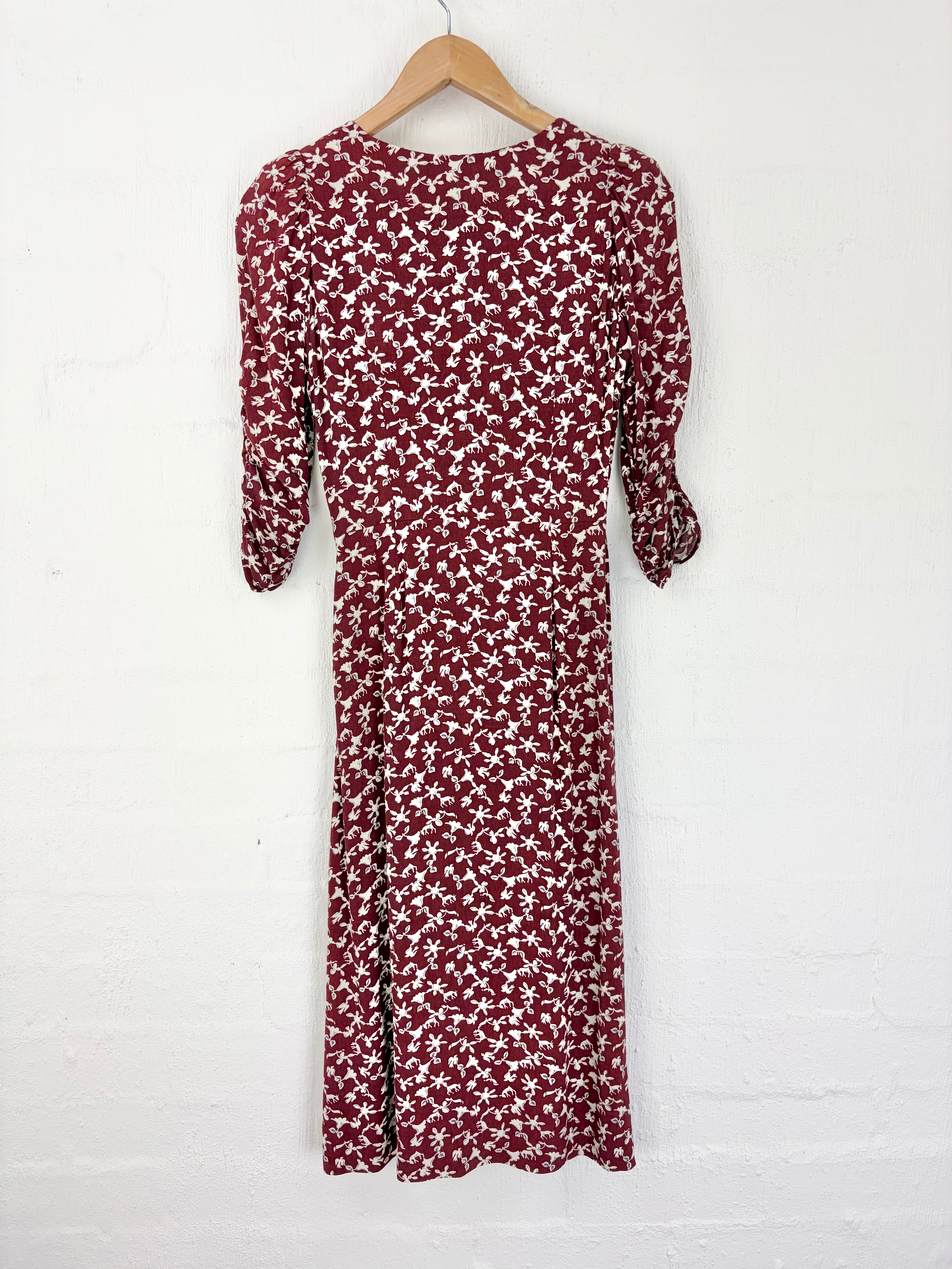 Ba&sh Burgundy & Cream Patterned Ruched Sleeve Dress - AU8/10