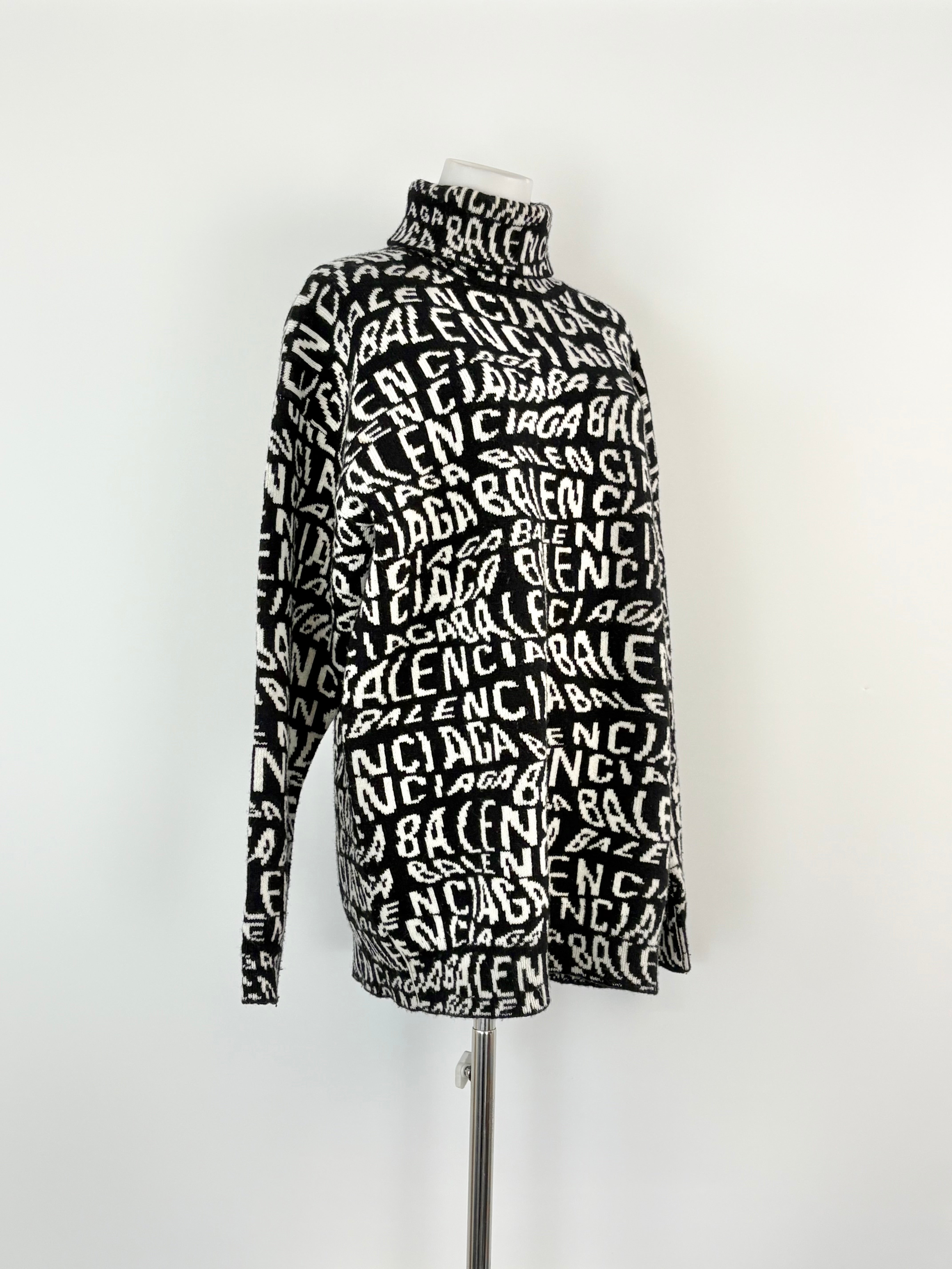 Balenciaga Black & White All-Over Print Logo Knit Turtleneck Sweater - AU8/10