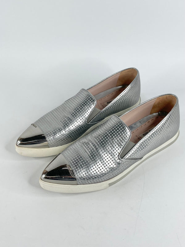 Miu Miu Metallic Silver Leather Pointed-Toe Loafers - EU40