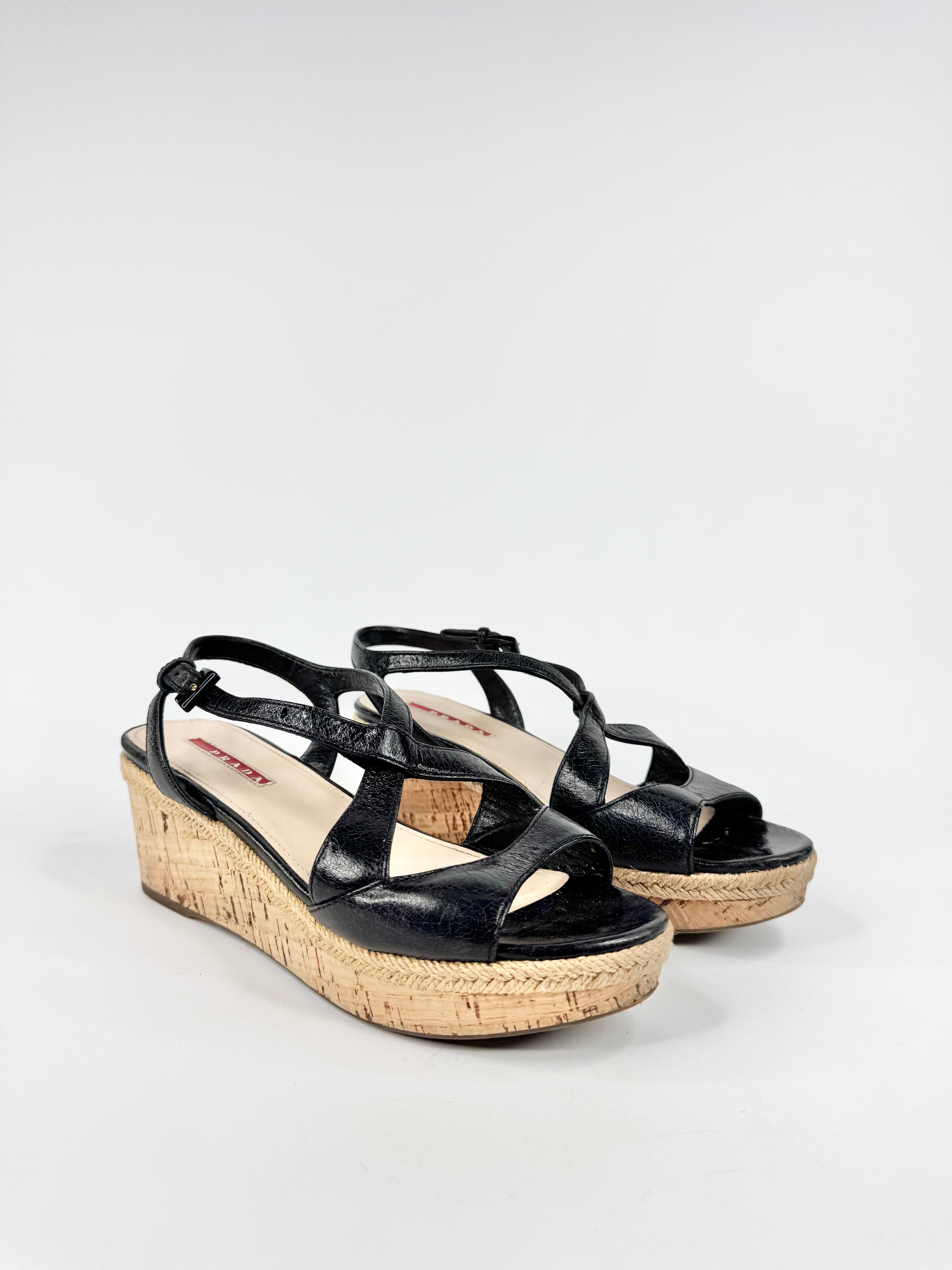 Prada Black Leather Peep Toe Cork Wedge Sandals - EU37.5