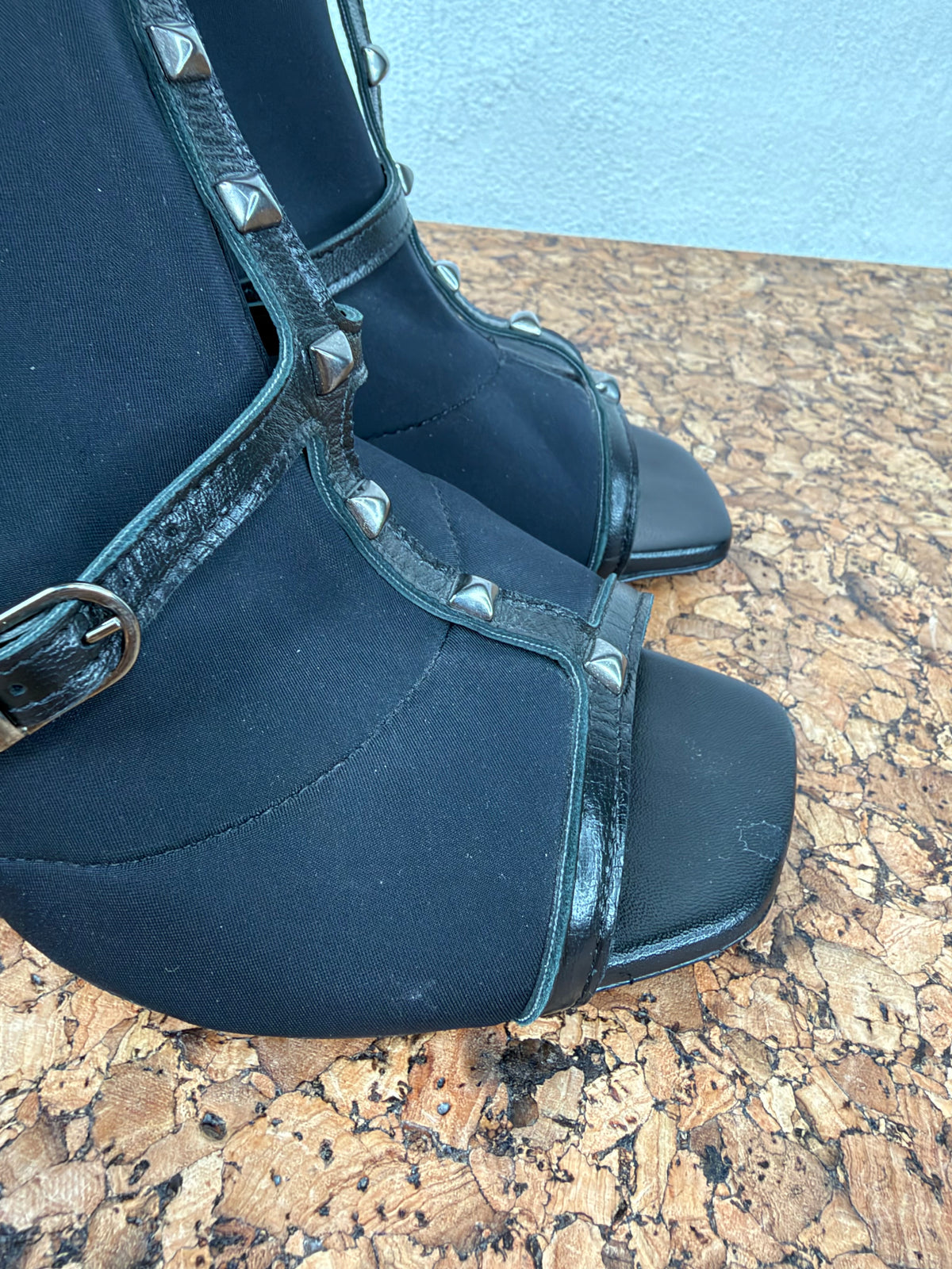 OVYÉ Black Neoprene & Leather Caged Studded Block Heels - EU39